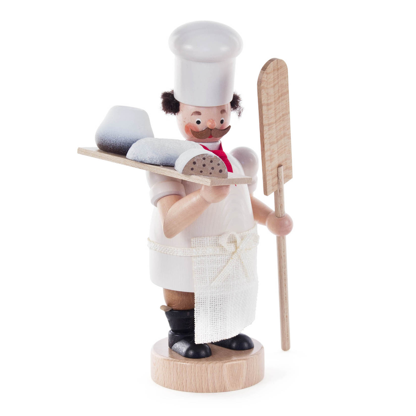 Wooden incense smoking figure of a baker with chef hat, holding a tray with cakes and a wooden spatula. im Dregeno Online Shop günstig kaufen