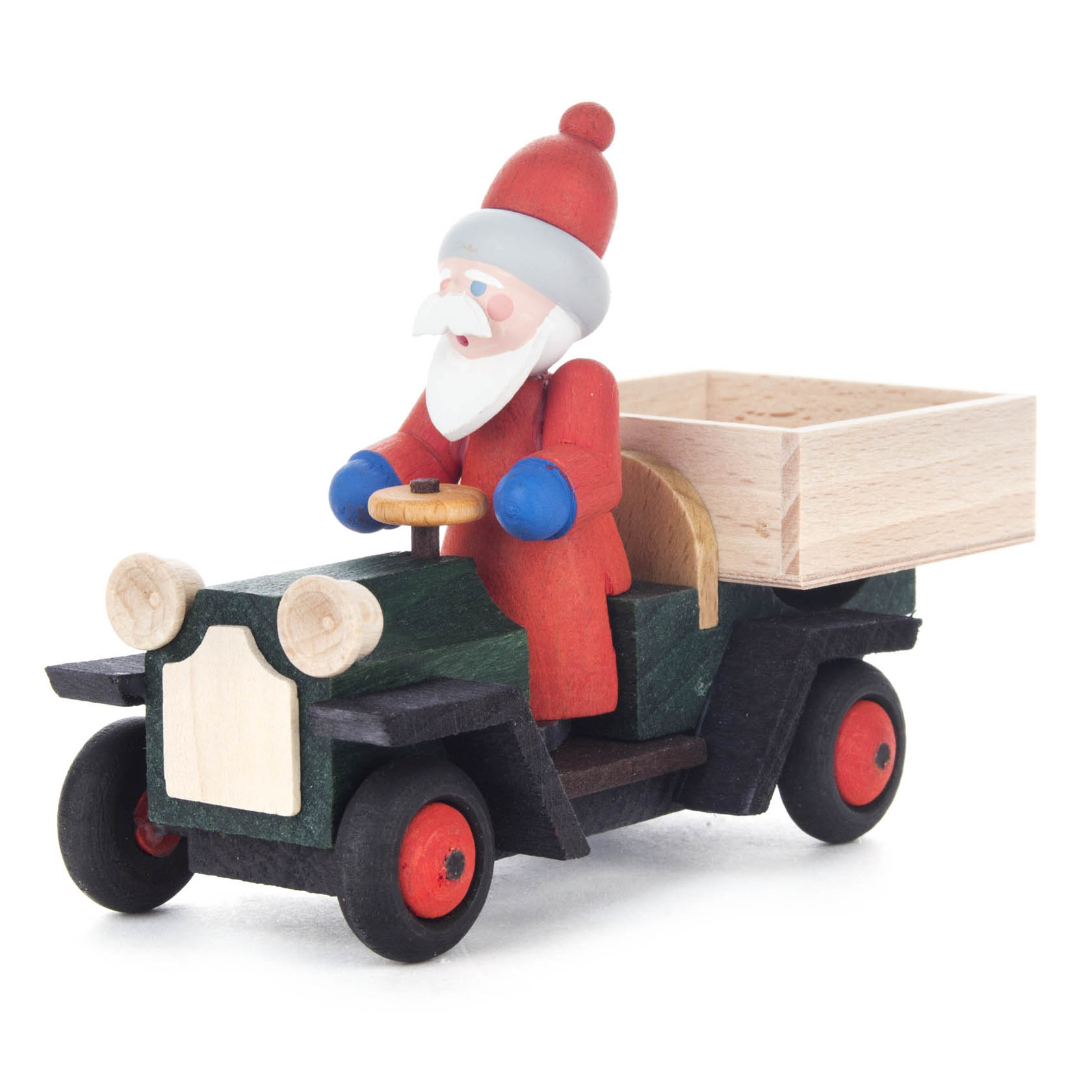 Holzfigur eines Weihnachtsmanns in einem Kastenauto mit rotem Anzug, blauen Handschuhen und weißem Bart am Steuer. im Dregeno Online Shop günstig kaufen
