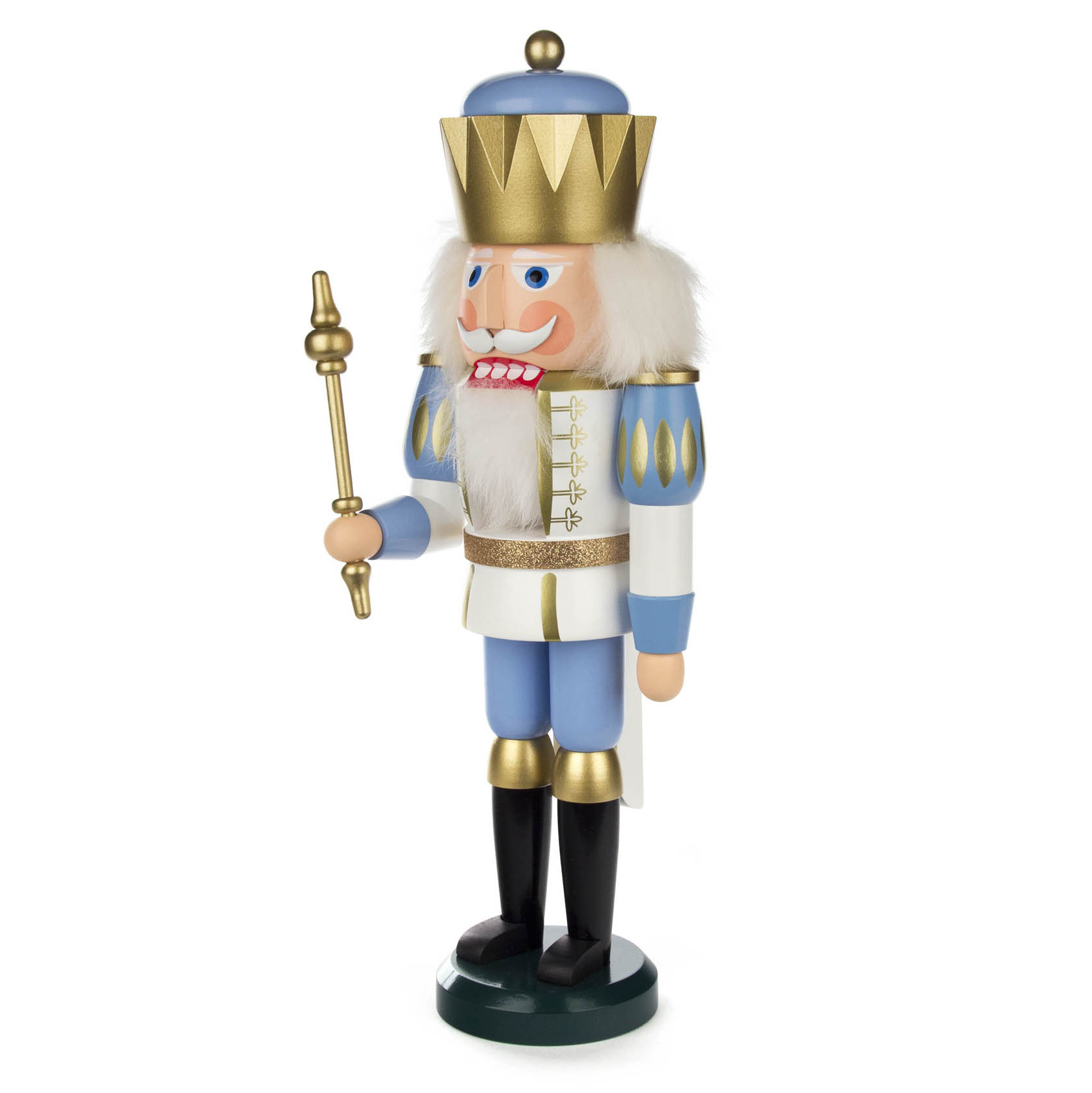 Nussknacker König in weiß-blauer Uniform, mit Krone und Zepter, aus Holz, 40 cm groß.