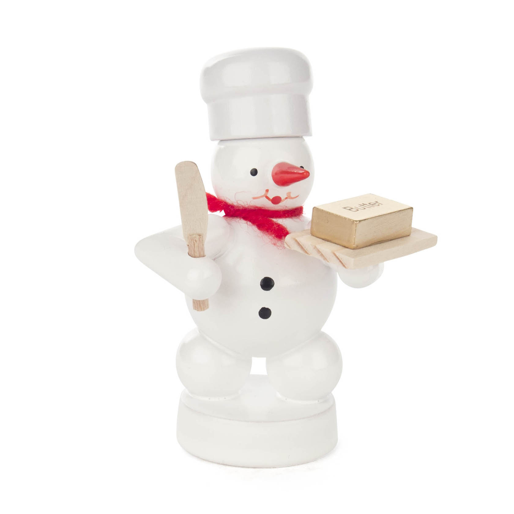 Ein hölzerner Schneemann-Bäcker mit rotem Schal, Kochmütze, hält einen Holzlöffel und ein Tablett mit einem Stück Butter. im Dregeno Online Shop günstig kaufen