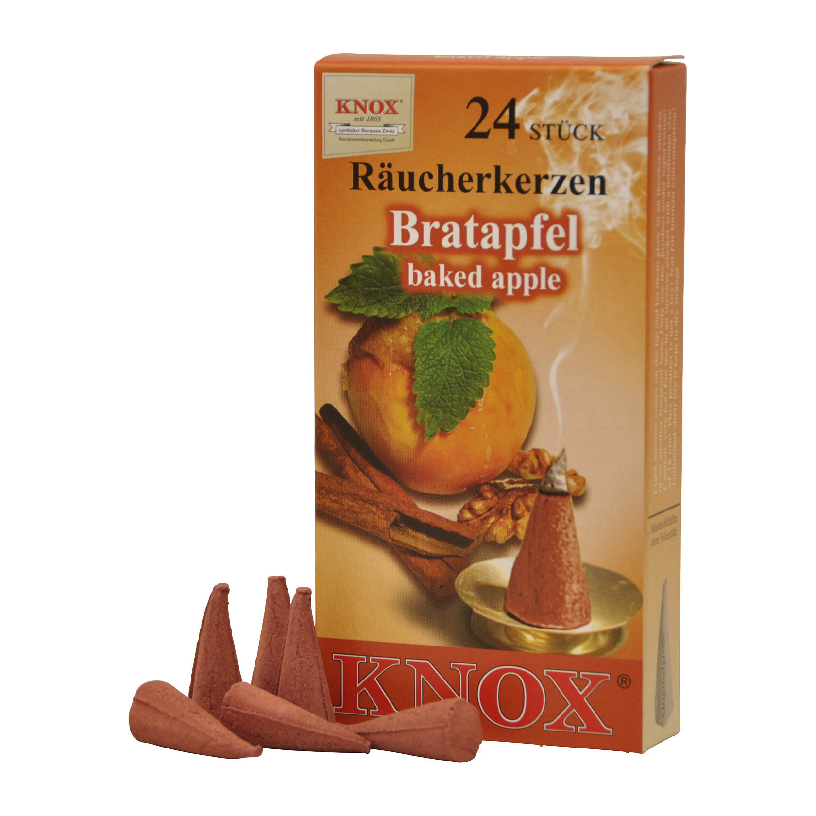 Verpackung KNOX Räucherkerzen Bratapfel mit 24 kegelförmigen Räucherkerzen und abgebildetem Bratapfel, Zimtstangen und Minzblättern. im Dregeno Online Shop günstig kaufen