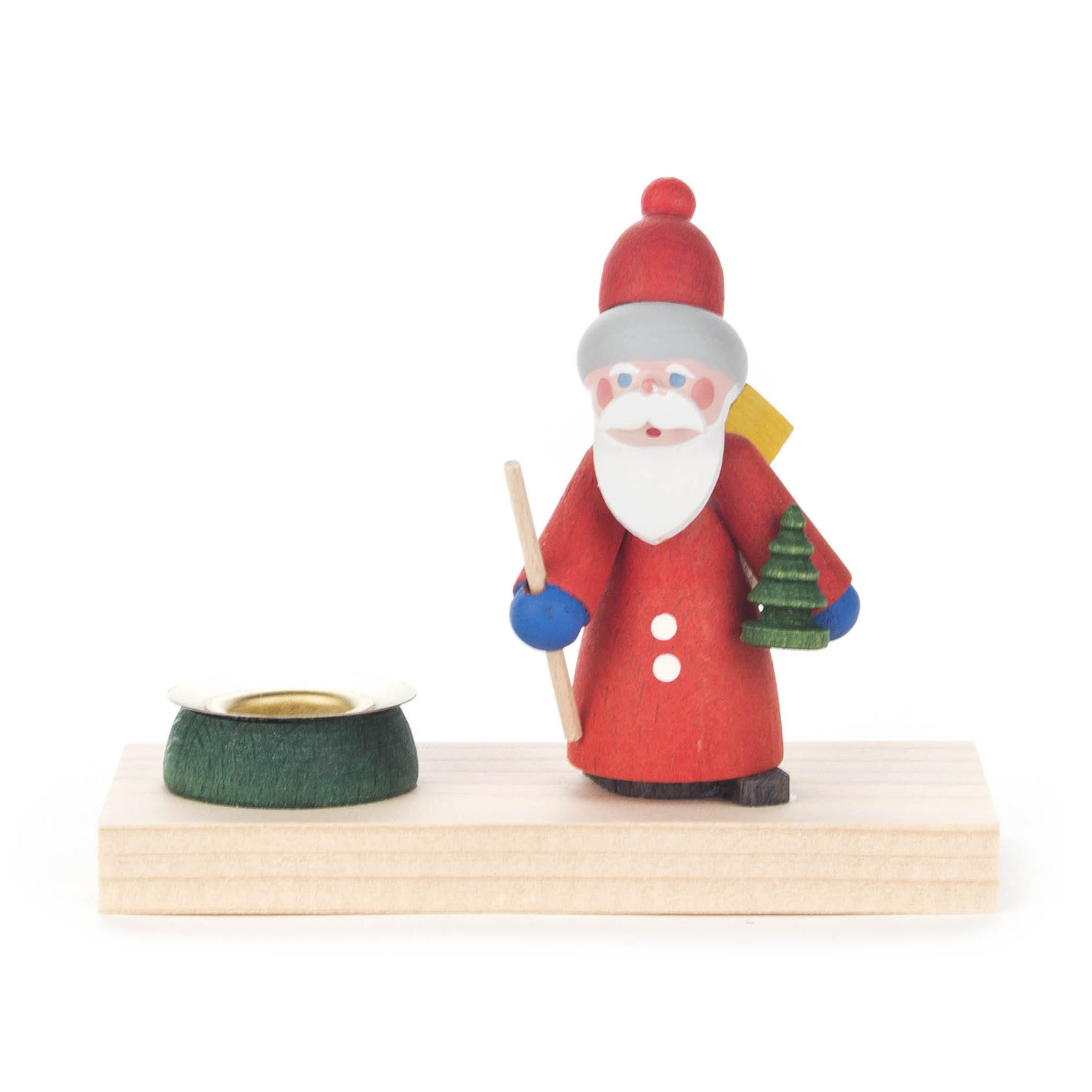 Ein hölzerner Kerzenhalter mit einer kleinen Figur von Ruprecht, der einen roten Mantel und Mütze trägt und einen Weihnachtsbaum hält. Der Halter ist für Kerzen mit einem Durchmesser von 14 mm geeignet. im Dregeno Online Shop günstig kaufen