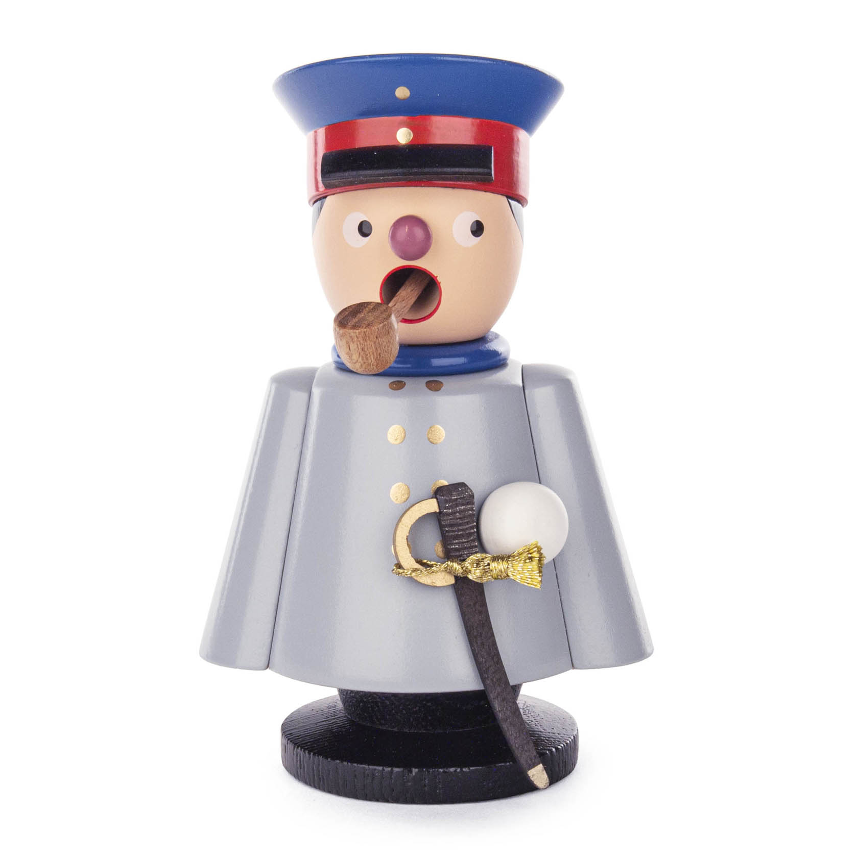 A wooden incense smoker figurine designed as a historical uniformed figure with a blue and red hat, pipe, and a decorative sword. im Dregeno Online Shop günstig kaufen