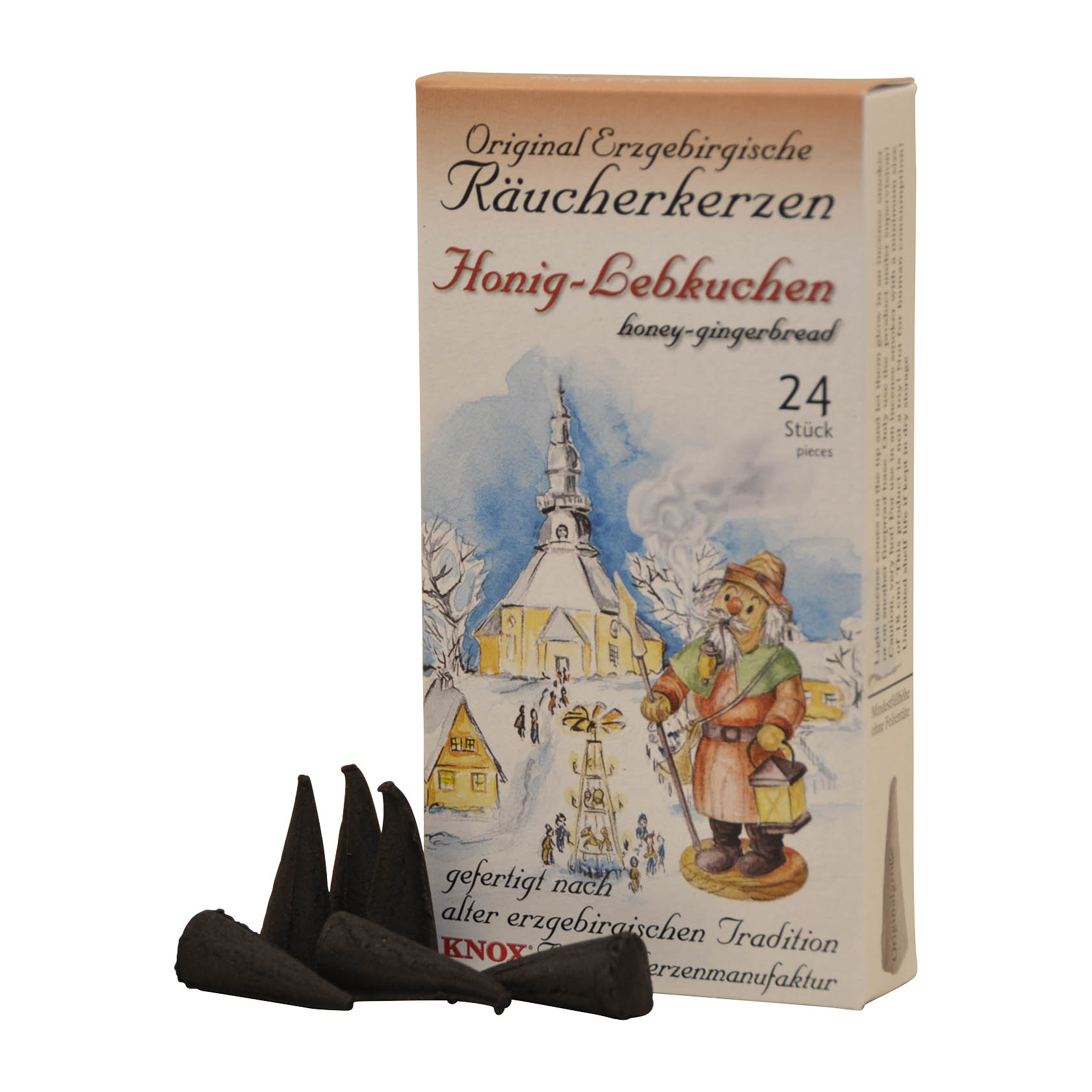 Verpackung der KNOX Räucherkerzen Honig-Lebkuchen mit einem weihnachtlichen Motiv und vier sichtbaren Räucherkerzen in Kegelform. im Dregeno Online Shop günstig kaufen