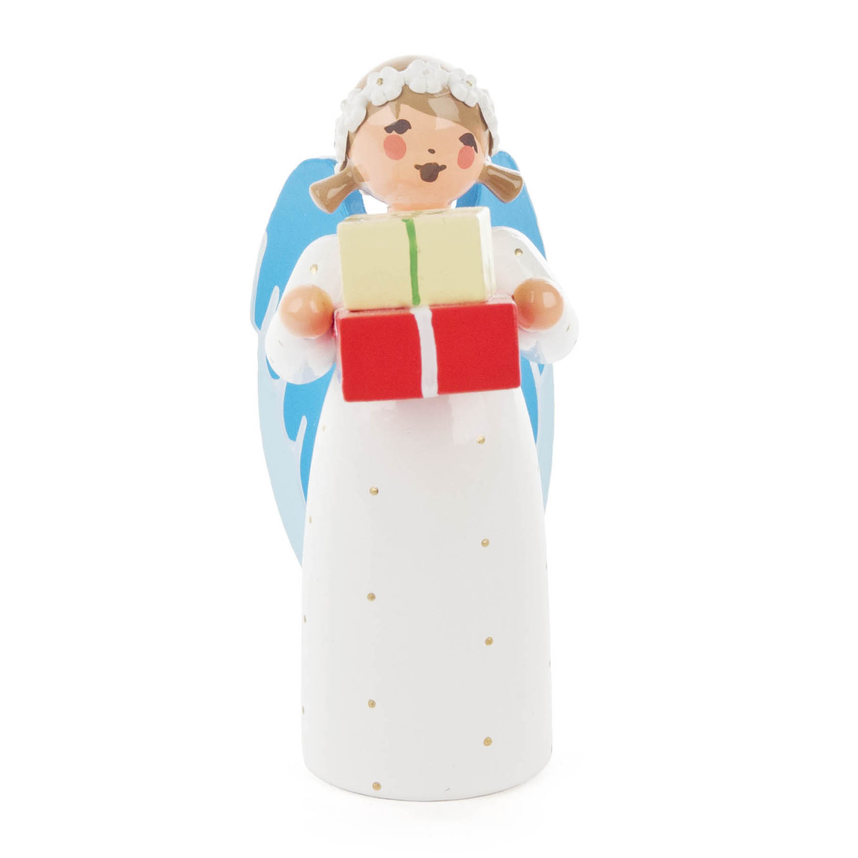 Holzengel in weißem Kleid mit blauen Flügeln hält zwei farbige Geschenke in den Händen.