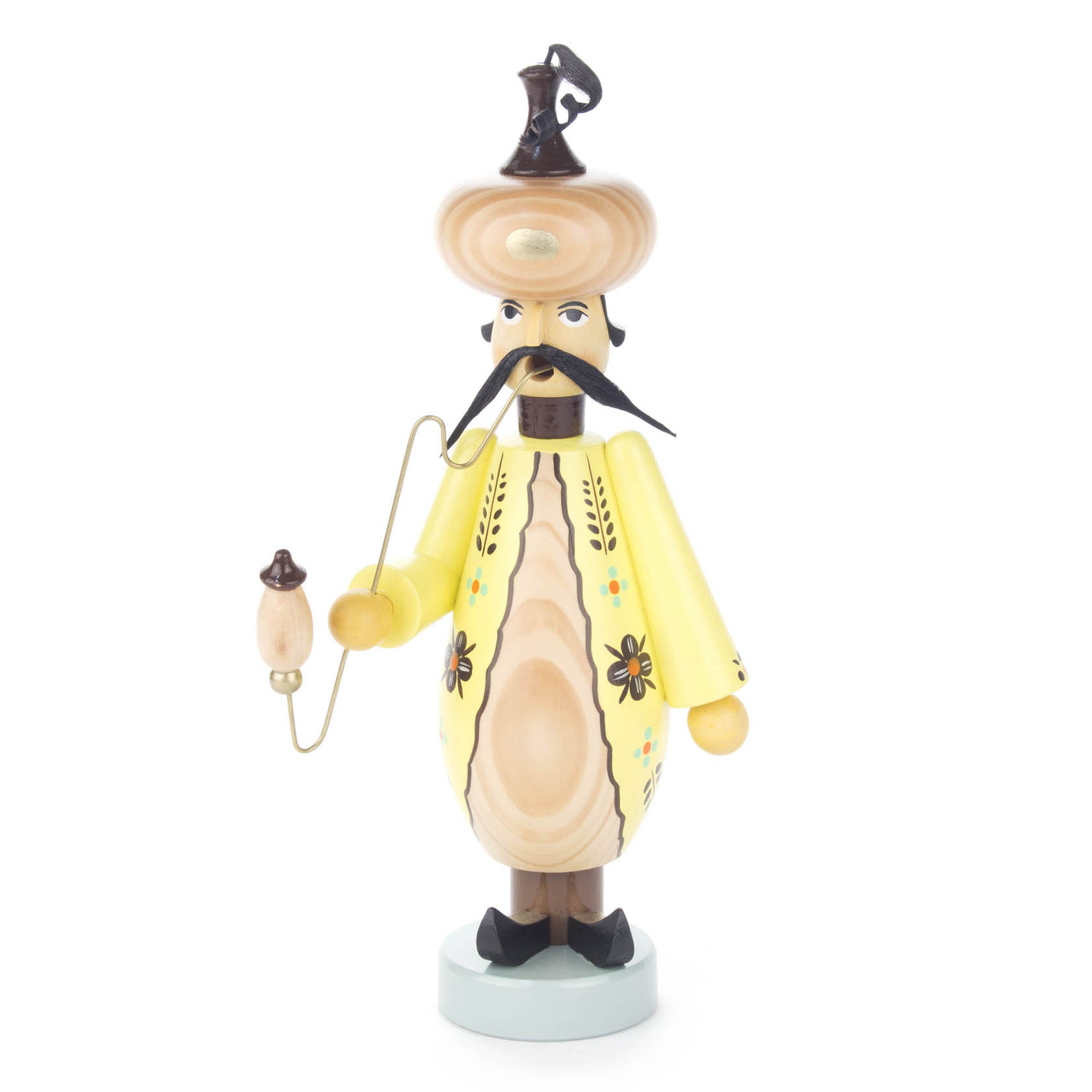 Räuchermann in orientalischer Gestalt, mit gelbem Mantel und Mütze, hält eine Pfeife in der Hand. Die Figur hat einen großen schwarzen Schnurrbart. im Dregeno Online Shop günstig kaufen