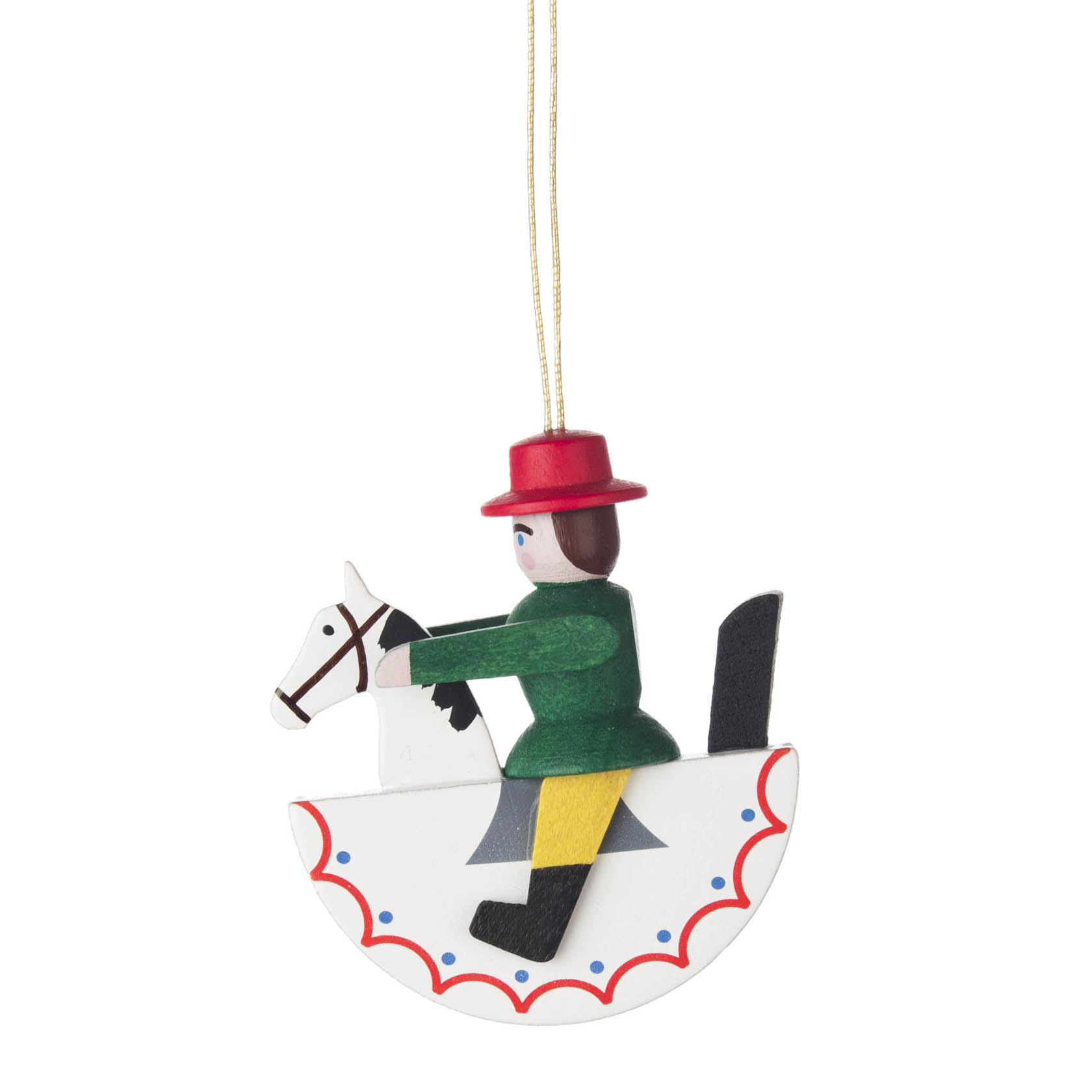 Holzspielzeug eines Reiters in grüner Kleidung auf einem Schaukelpferd, mit rotem Hut und gelbem Besatz, aufgehängt an einer Schnur. im Dregeno Online Shop günstig kaufen
