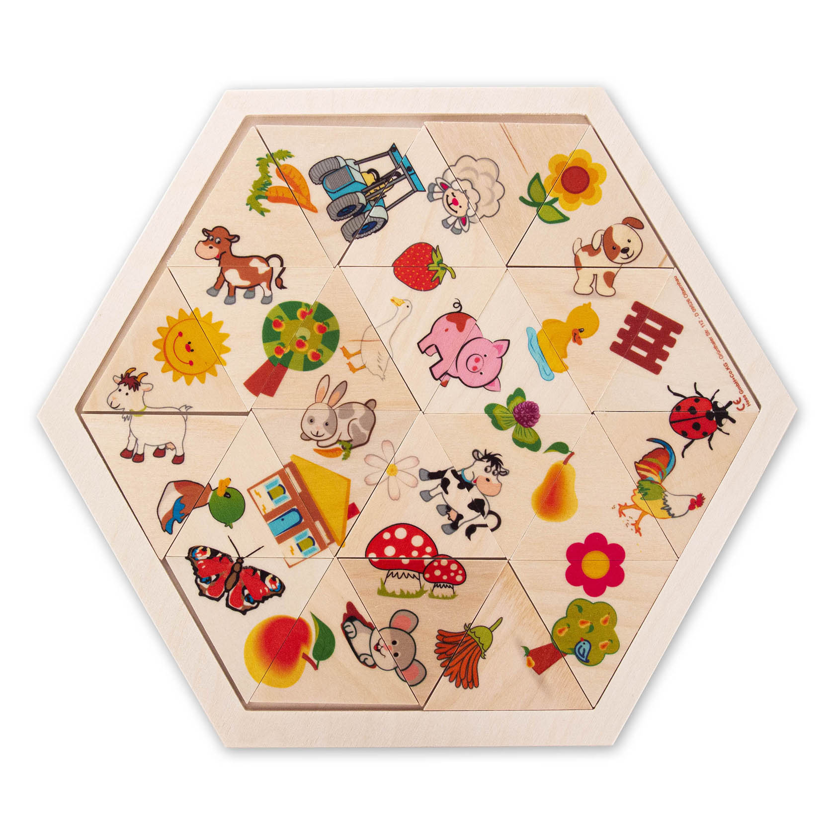 Holzpuzzle mit Bauernhof-Thema in sechseckiger Form. Motive wie Tiere, Traktor, Blume und Obst sind auf 24 Teilen abgebildet.