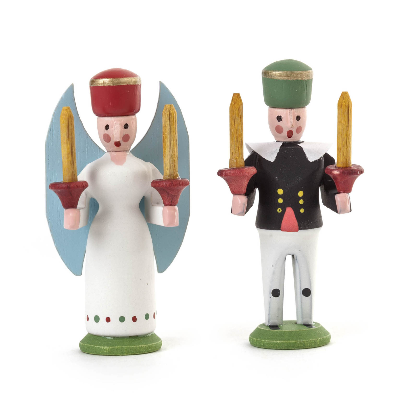 Zwei Erzgebirgische Holzfiguren: ein Engel in weißem Kleid mit blauen Flügeln und einem Bergmann in schwarzer Uniform, beide halten je eine Kerze. im Dregeno Online Shop günstig kaufen