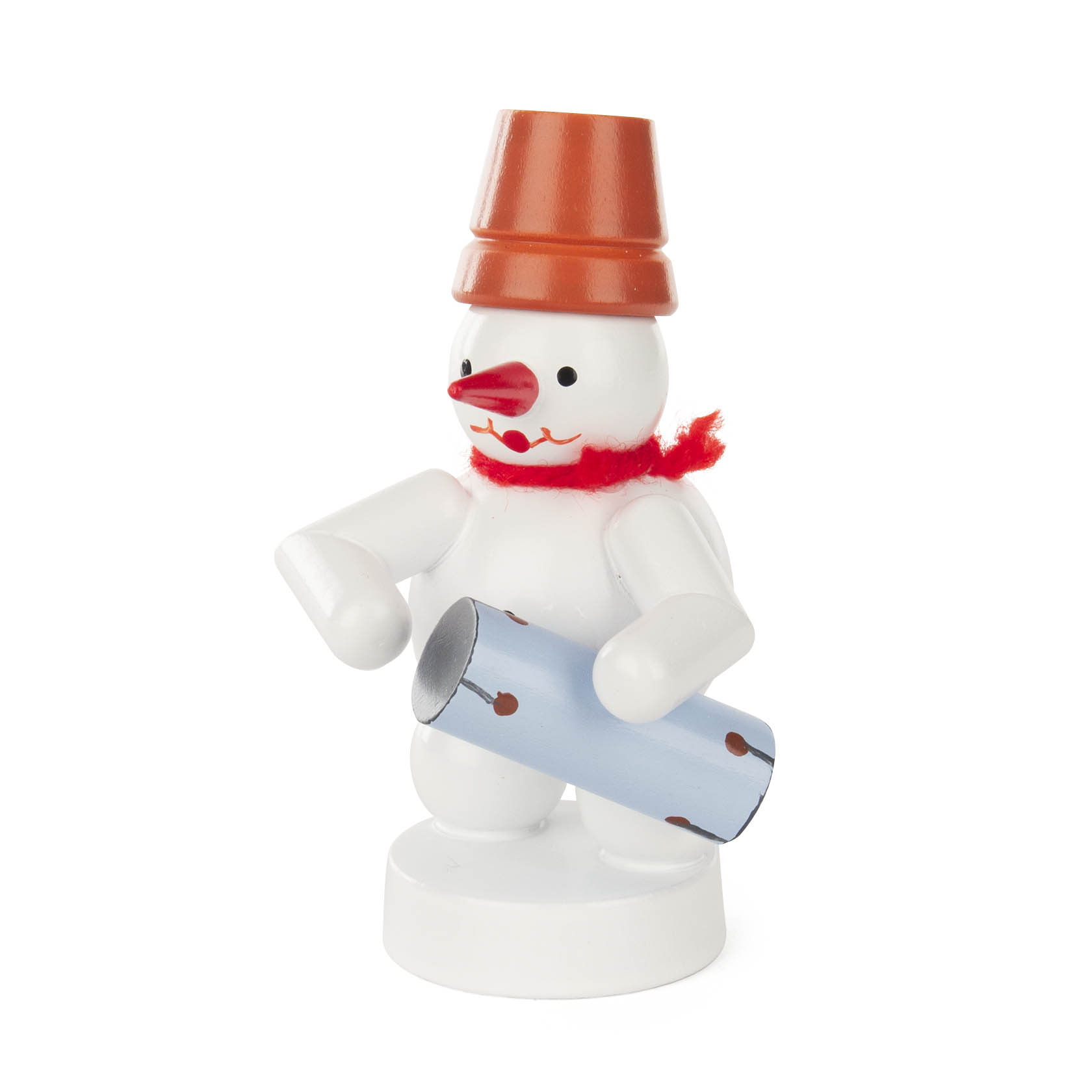 Holzfigur eines Schneemanns mit rotem Schal und Blumentopf als Hut, hält eine Conga-Trommel. im Dregeno Online Shop günstig kaufen