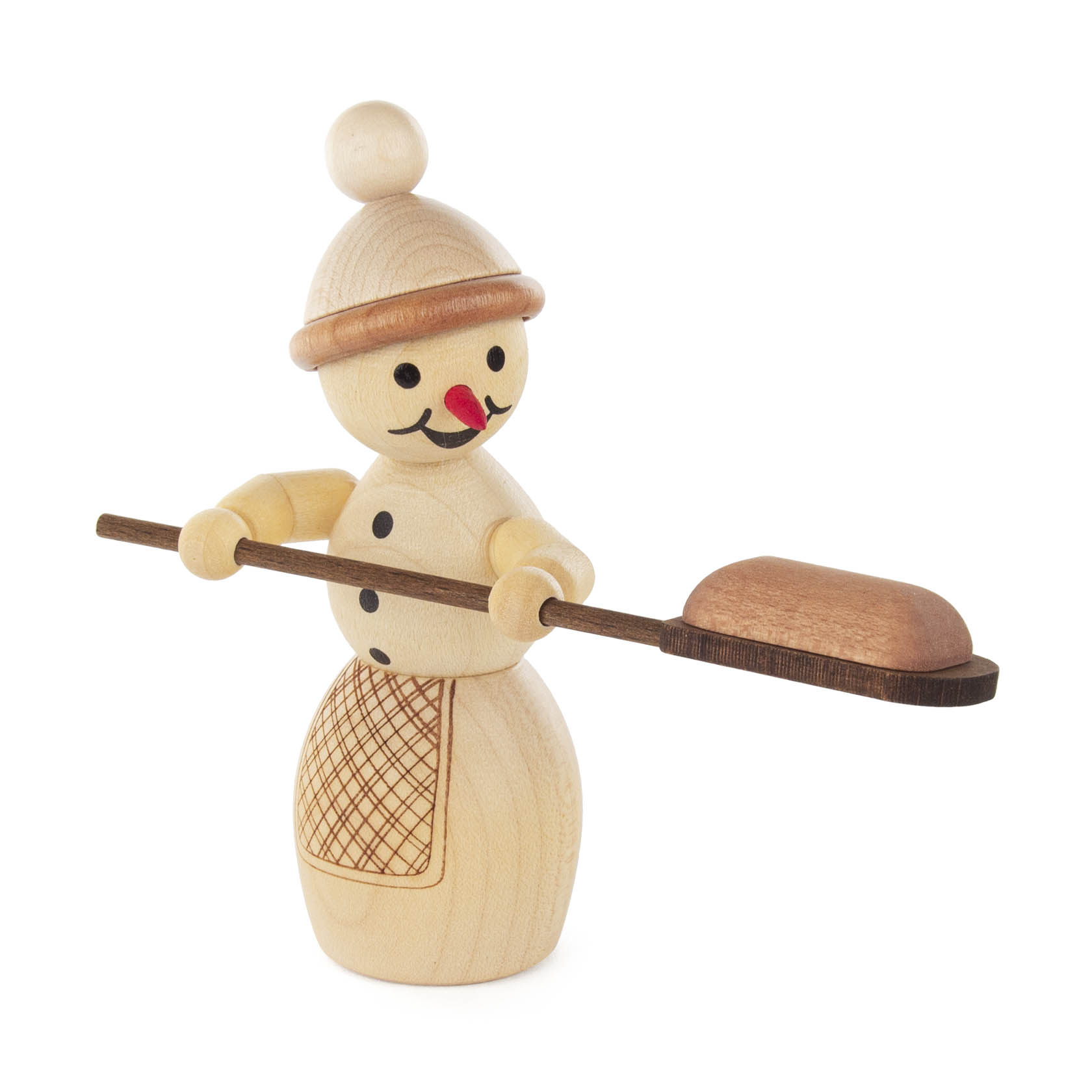 Holzfigur einer Schneefrau mit einem Bäckerschieber in den Händen, tragend einen Stollen. Die Figur hat einen Hut und eine Schürze. im Dregeno Online Shop günstig kaufen