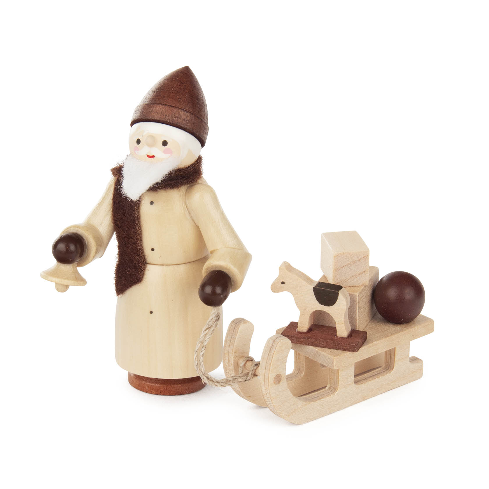 Holzfigur eines Nikolaus in Naturfarben, trägt eine Glocke in der Hand, steht neben einem Schlitten mit Holztier und Geschenk. im Dregeno Online Shop günstig kaufen