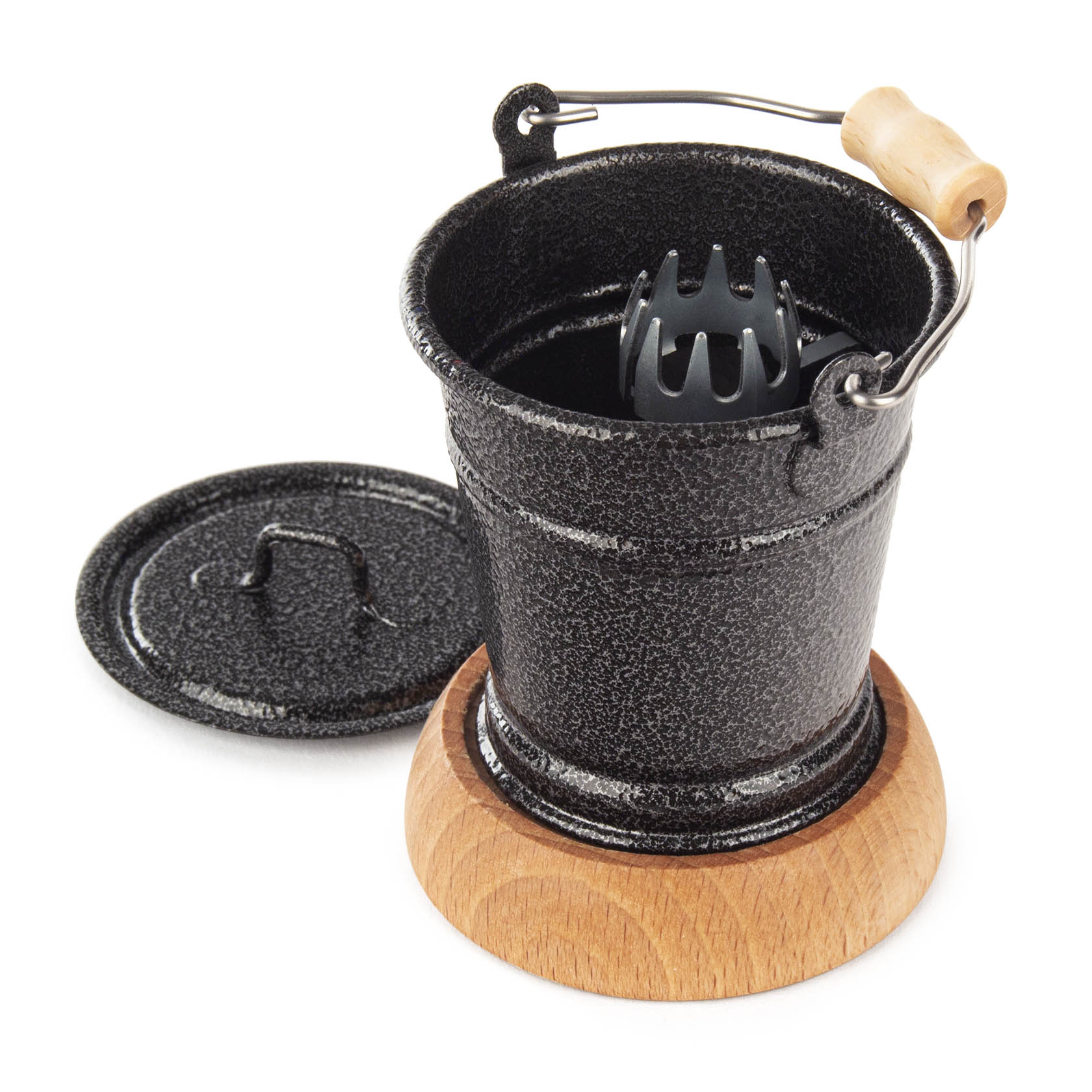 A silver smoker bucket with a wooden handle and lid standing on a wooden base. The bucket features a textured finish.
