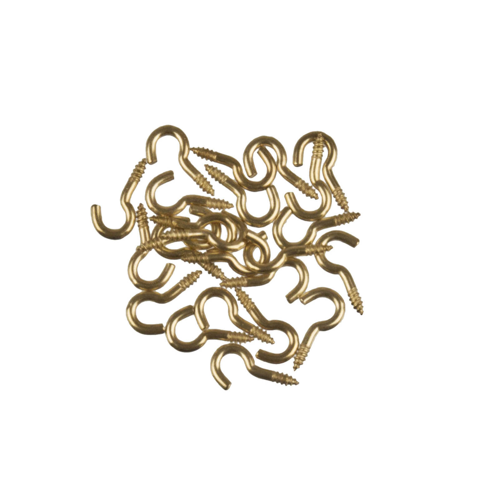 Eine Ansammlung von 24 gebogenen Schraubhaken in 15mm Größe, aus Messing, auf einem neutralen Untergrund. im Dregeno Online Shop günstig kaufen