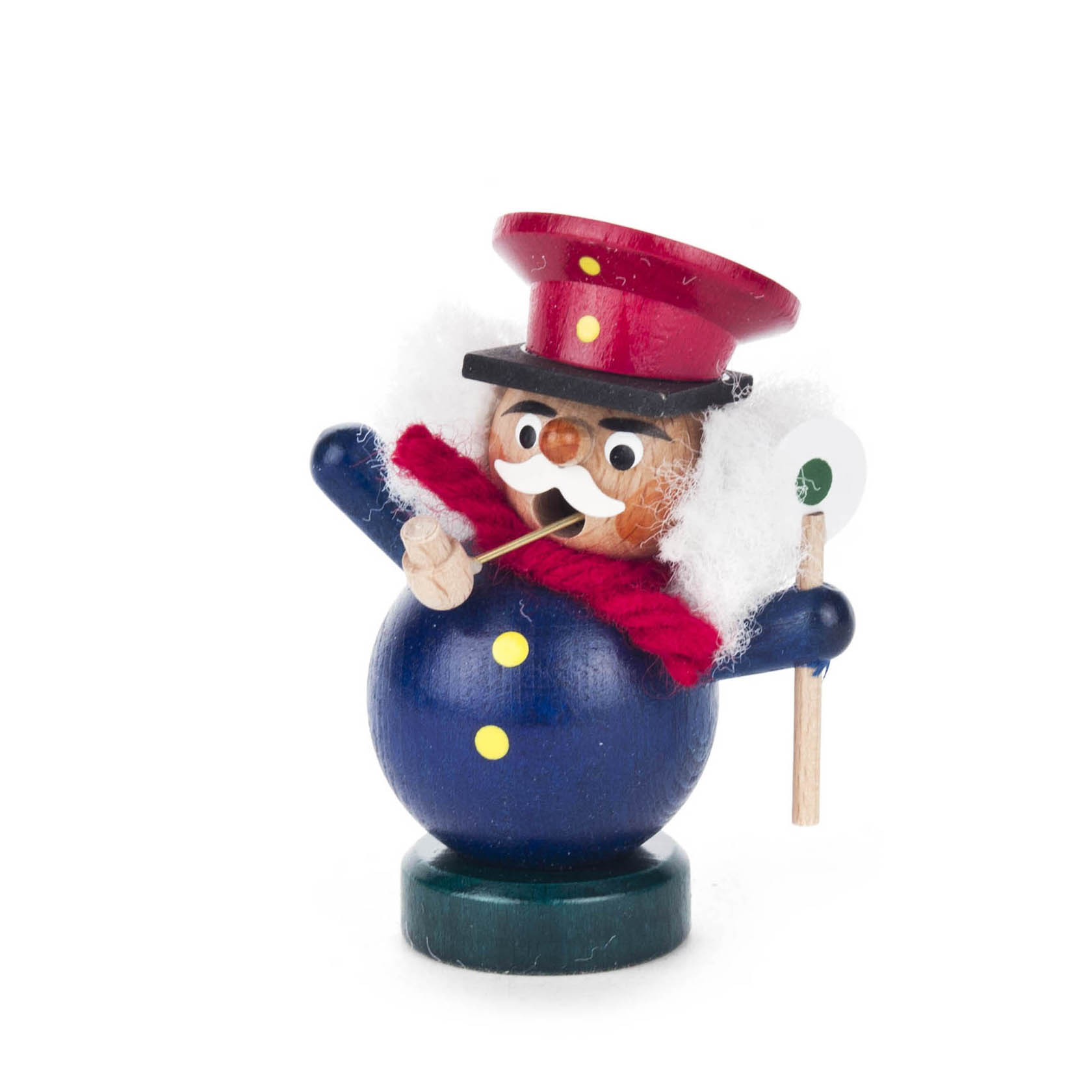 Ein Mini-Räuchermann in der Gestalt eines Schaffners mit rotem Hut, blauem Mantel, Pfeife und Schild. Er hat weiße Haare und einen Schnurrbart. im Dregeno Online Shop günstig kaufen