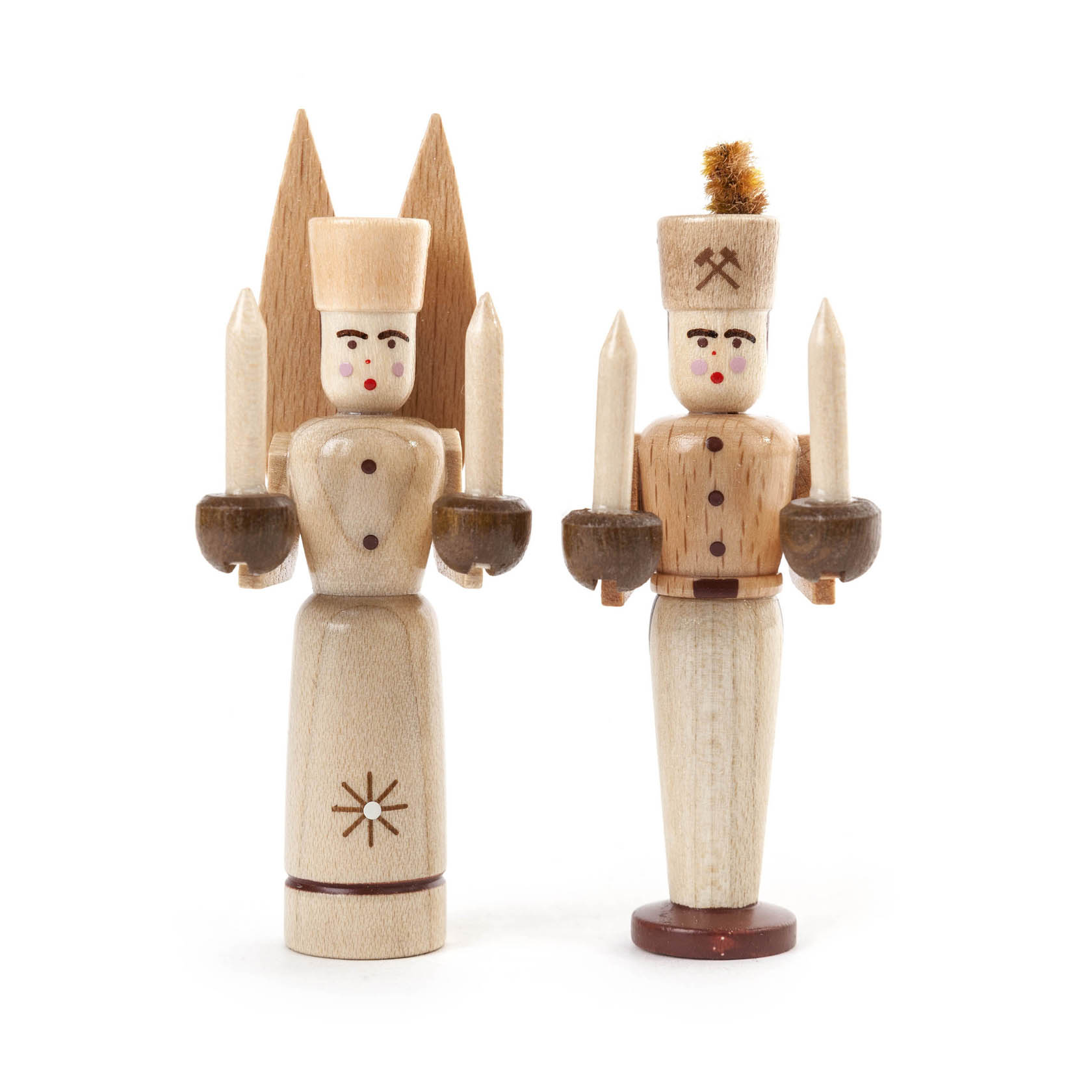 Zwei Holzfiguren: links ein Engel mit Kerzen in beiden Händen, rechts ein Bergmann mit Kerzen. Beide tragen traditionelle Uniformen. im Dregeno Online Shop günstig kaufen