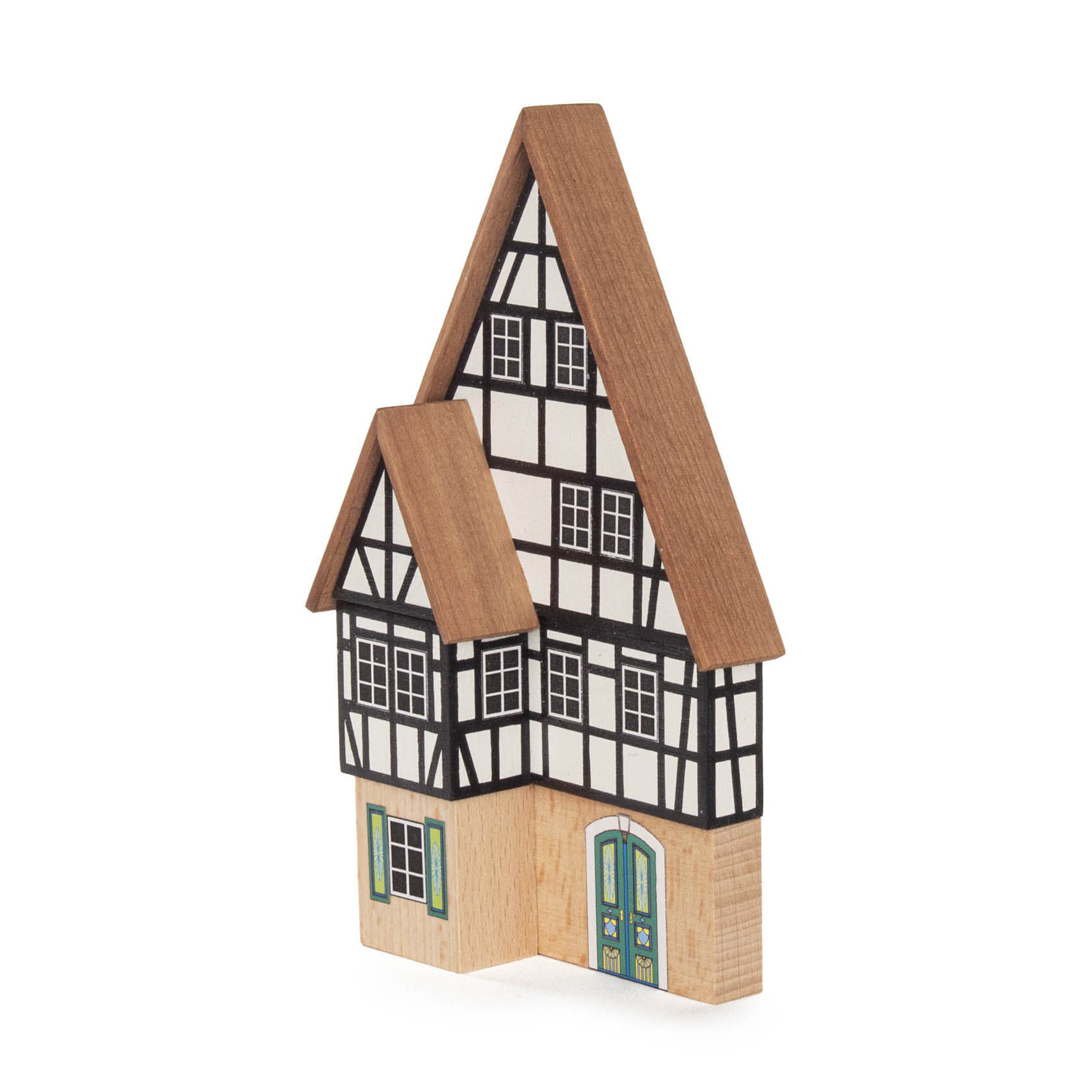 Holzmodell eines Fachwerkhauses mit vorgeblendetem Giebel, mit braunem Dach und grünen Türen.