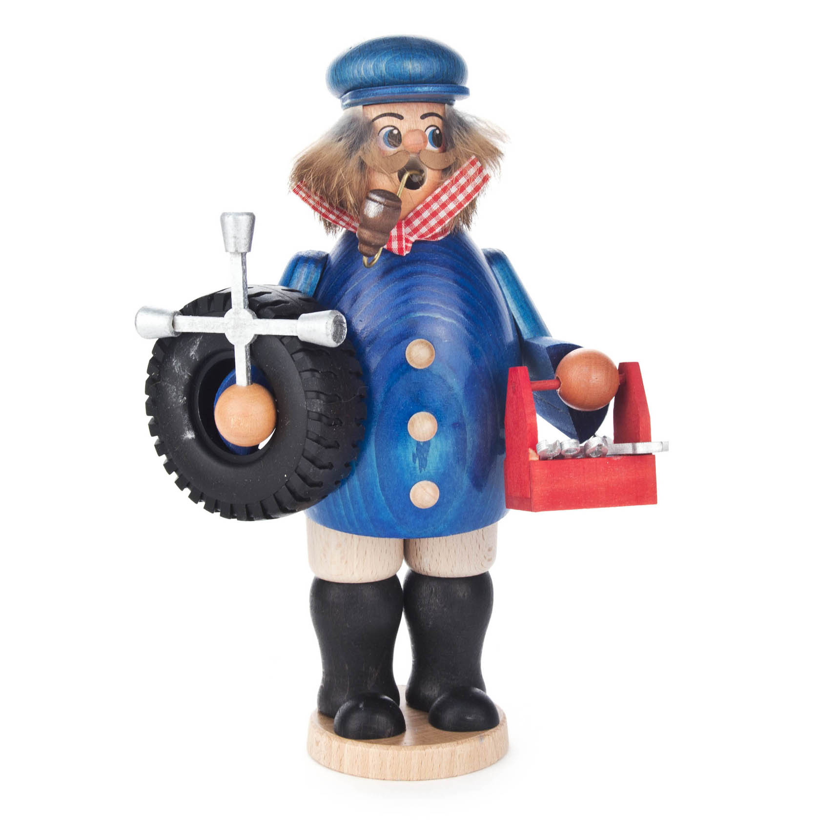 Holzfigur eines Kfz-Schlossers in blauem Mantel mit rotem Werkzeugkasten und Autoreifen in den Händen, Pfeife im Mund. im Dregeno Online Shop günstig kaufen