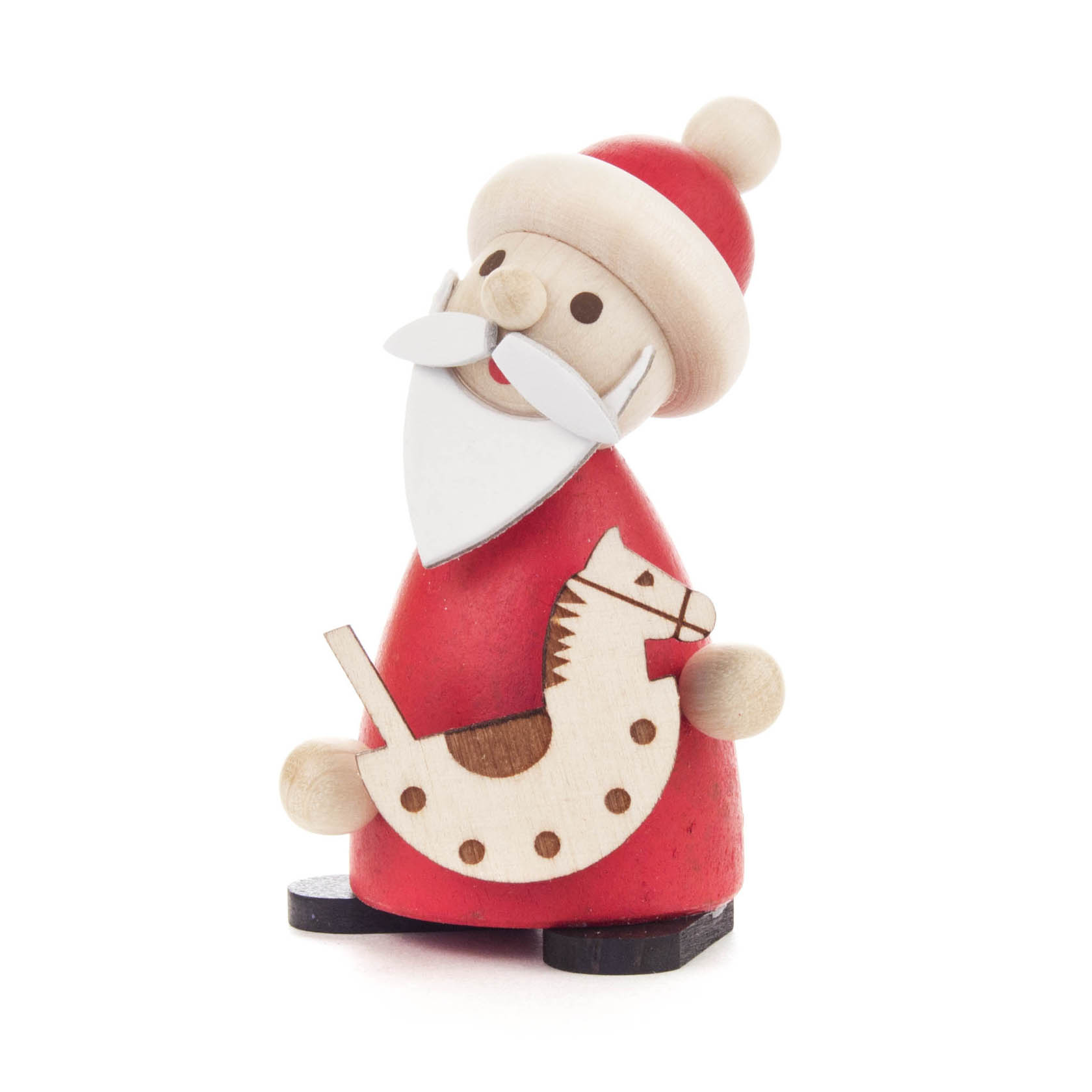 Holzfigur von Ruprecht, traditioneller Weihnachtscharakter, in rotem Mantel und Mütze mit einem Schaukelpferd in den Händen. im Dregeno Online Shop günstig kaufen