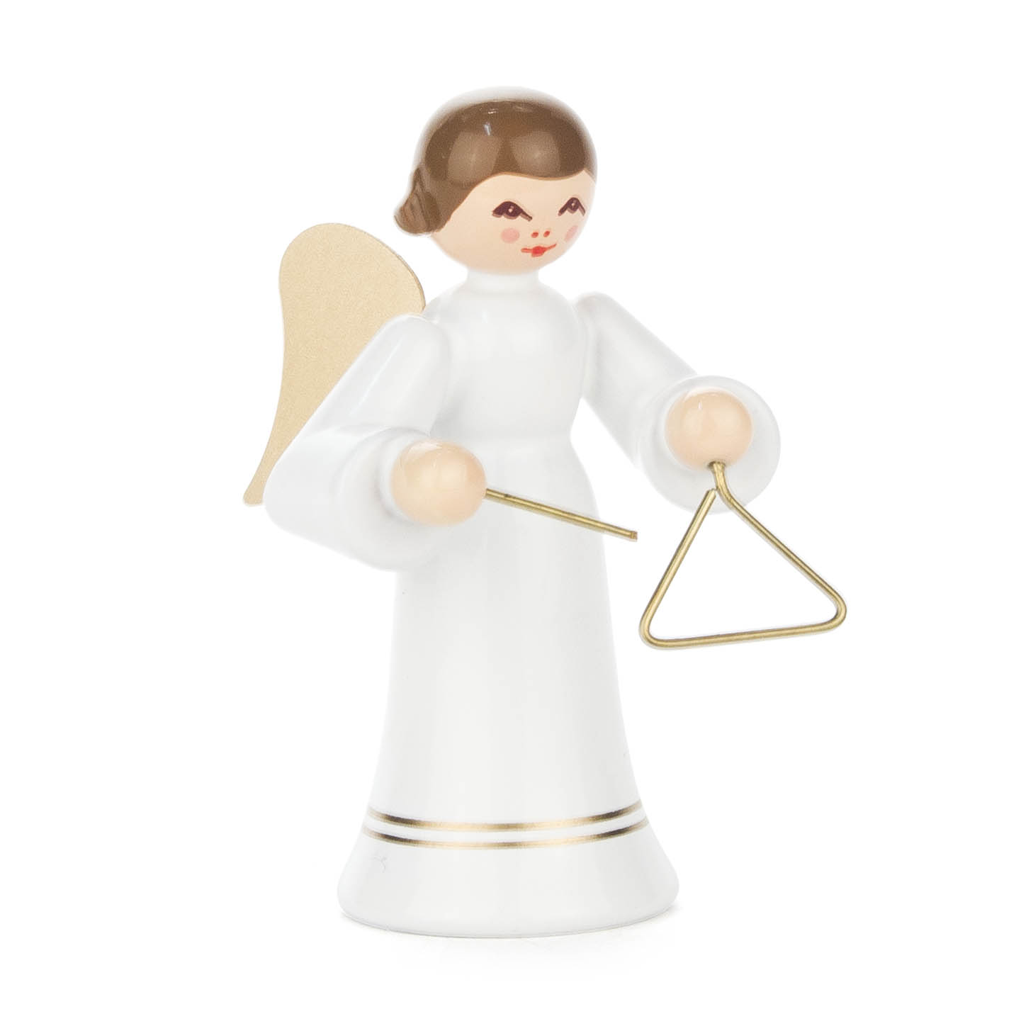 A wooden angel figurine with brown hair, playing a golden triangle, wearing a long white dress with gold accents and light brown wings. im Dregeno Online Shop günstig kaufen