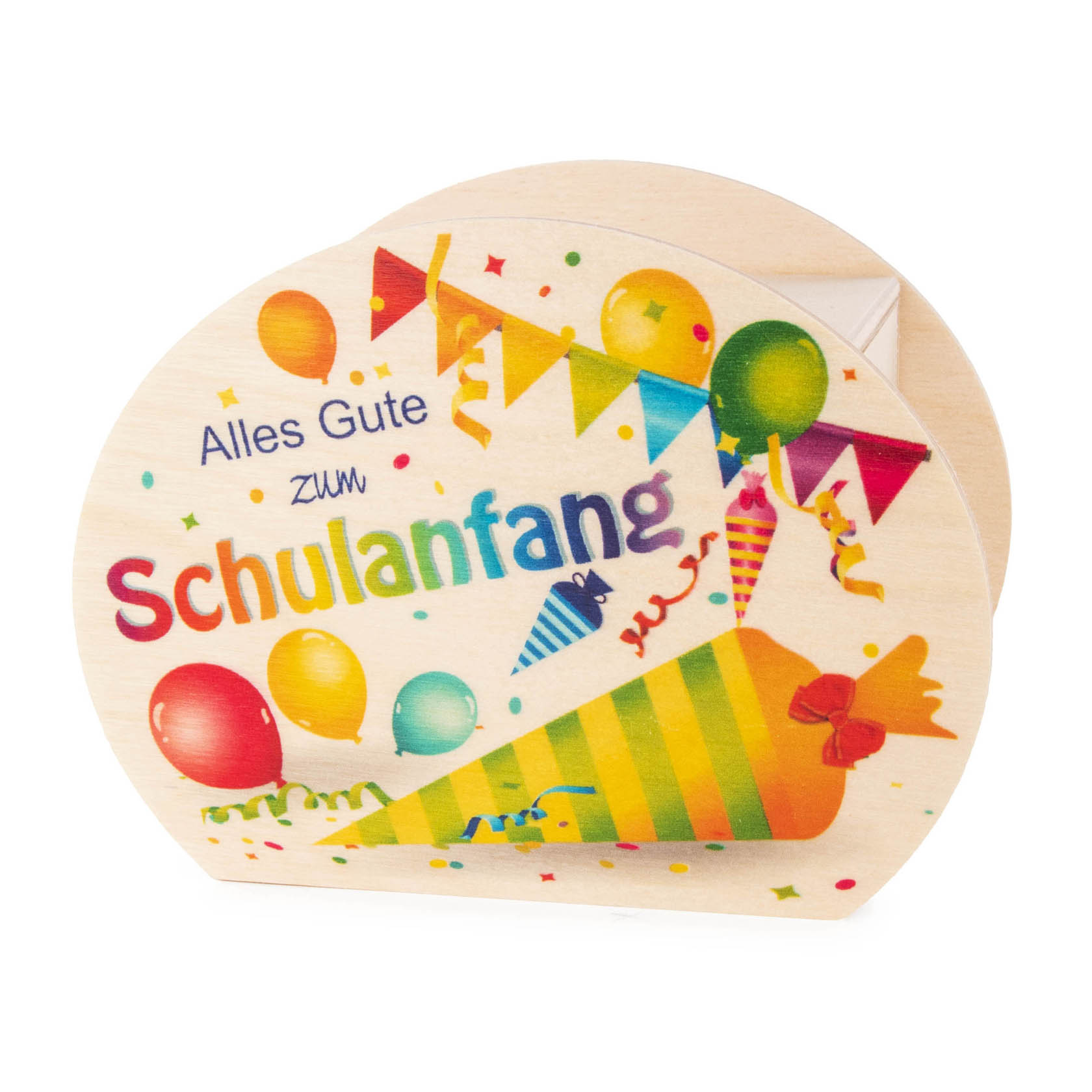 Dekorative Spardose aus Holz mit der Aufschrift 'Alles Gute zum Schulanfang', verziert mit bunten Konfettis, Luftballons und einer Schultüte. im Dregeno Online Shop günstig kaufen