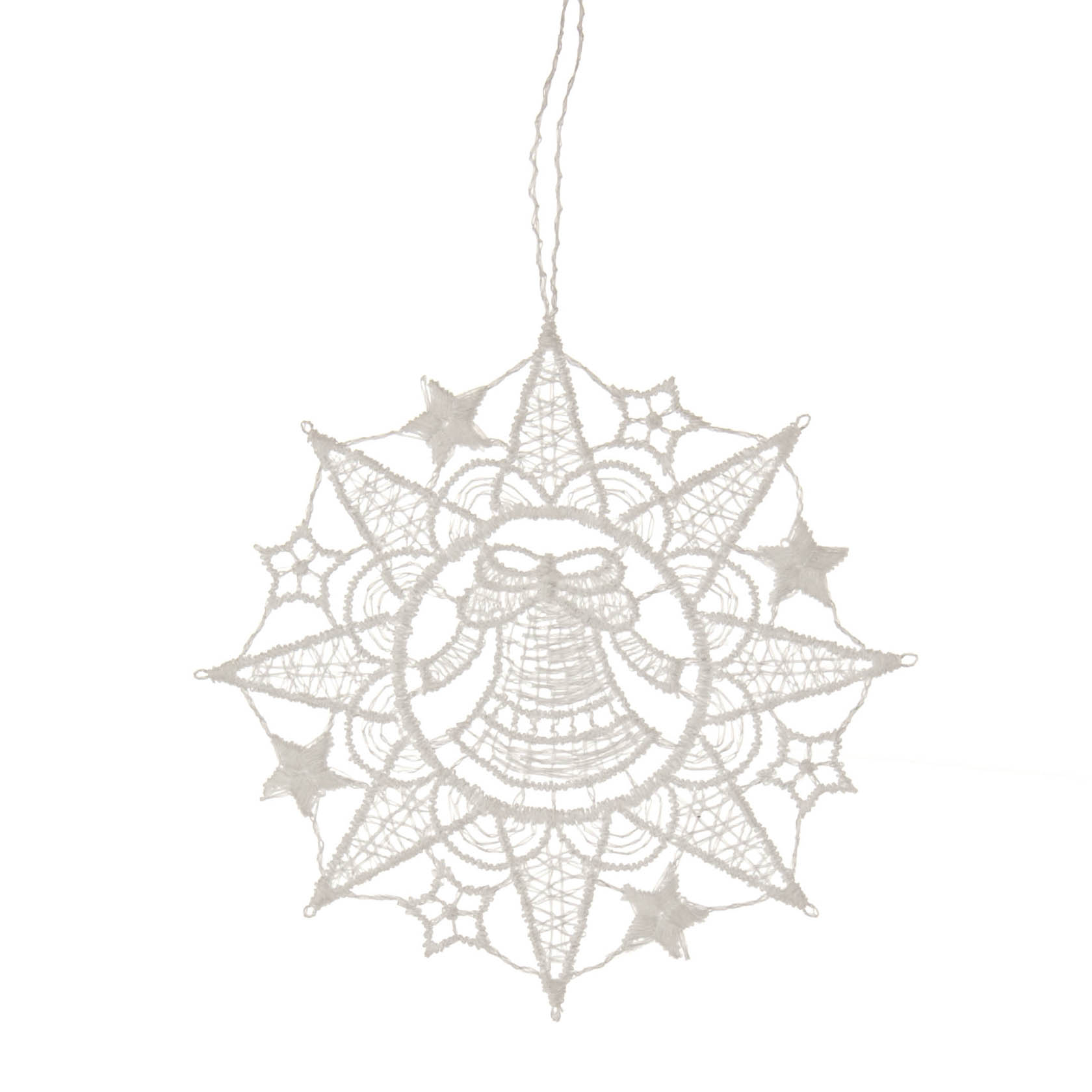Weiße Spitze in Form eines Sterns mit Glocke in der Mitte, Weihnachtsdekoration von Plauener Spitze. im Dregeno Online Shop günstig kaufen