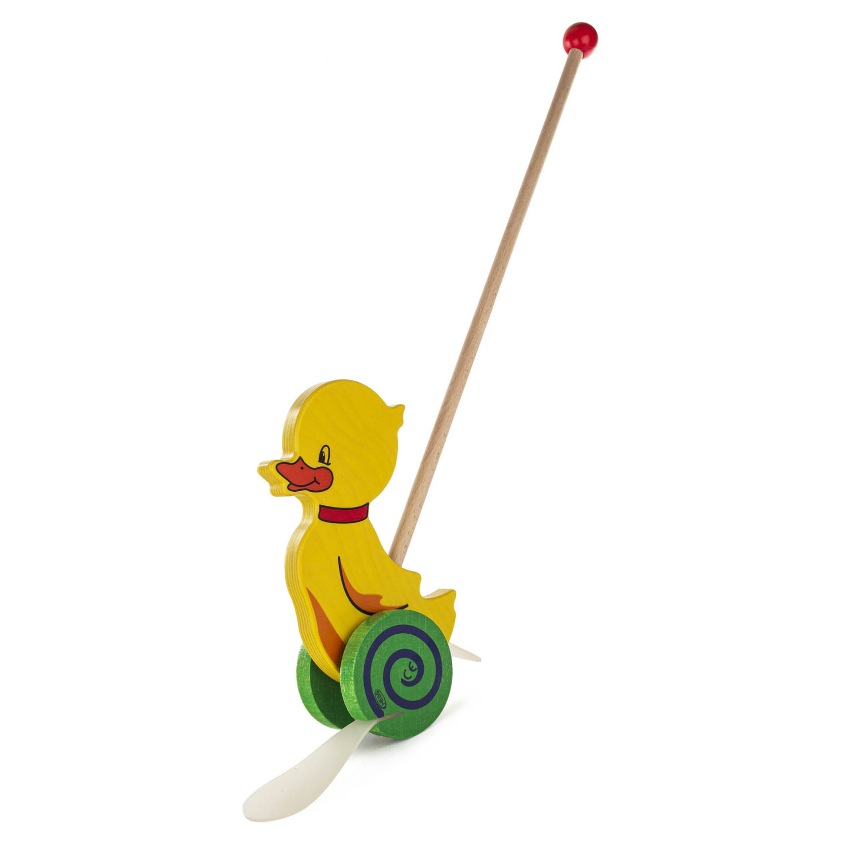 Gelbes Schiebe-Entchen-Spielzeug aus Holz mit rotem Schnabel und Flügeln, das auf Rädern sitzt und mit einem Holzstab geschoben werden kann. im Dregeno Online Shop günstig kaufen
