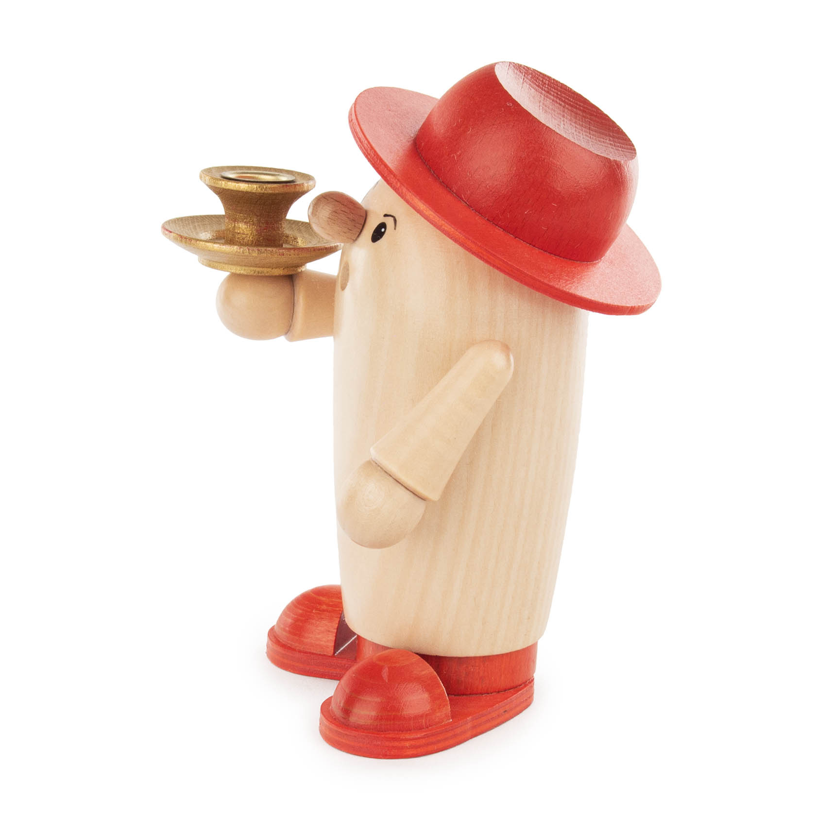 Holzfigur Rudi mit rotem Hut und Schuhen hält einen Kerzenhalter in der Hand, passend für 14mm Wachskerzen oder LUMIX-Kerzen.