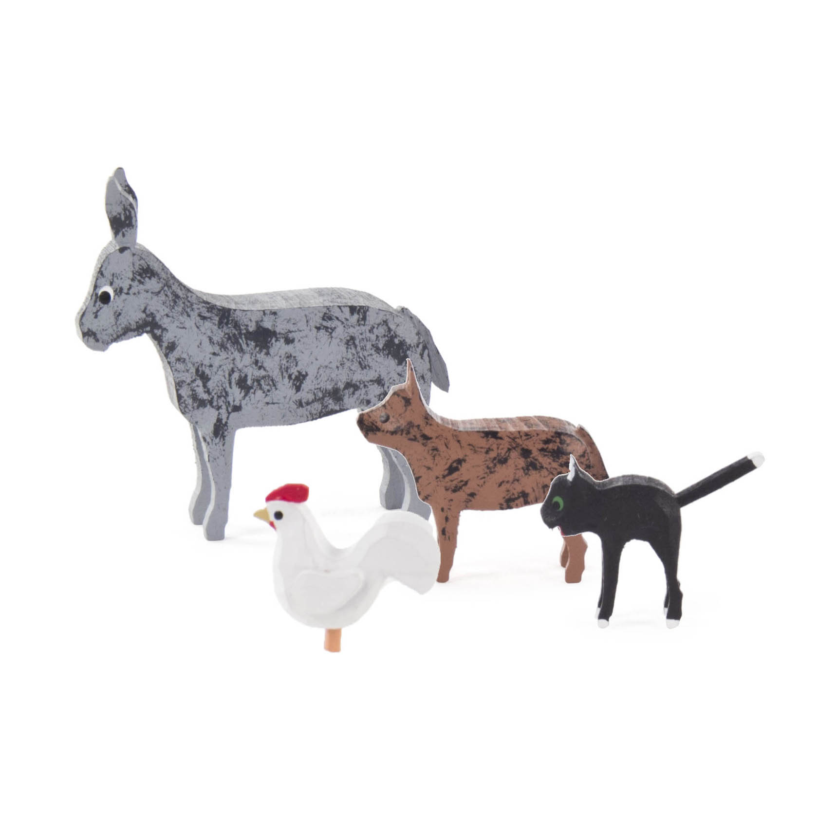 Holzfiguren der Bremer Stadtmusikanten: ein Esel, ein Hund, eine Katze und ein Hahn, die nebeneinander stehen. im Dregeno Online Shop günstig kaufen