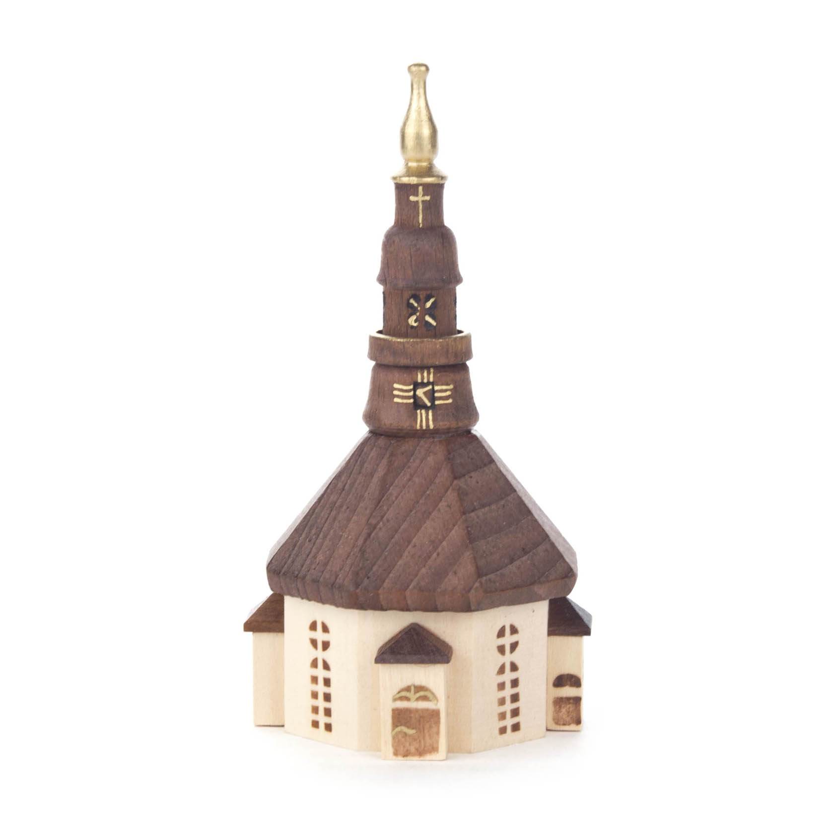 Ein Modell der Seiffener Kirche aus Holz, naturbelassen, mit achteckiger Form und hohem Turm mit goldenen Akzenten. im Dregeno Online Shop günstig kaufen