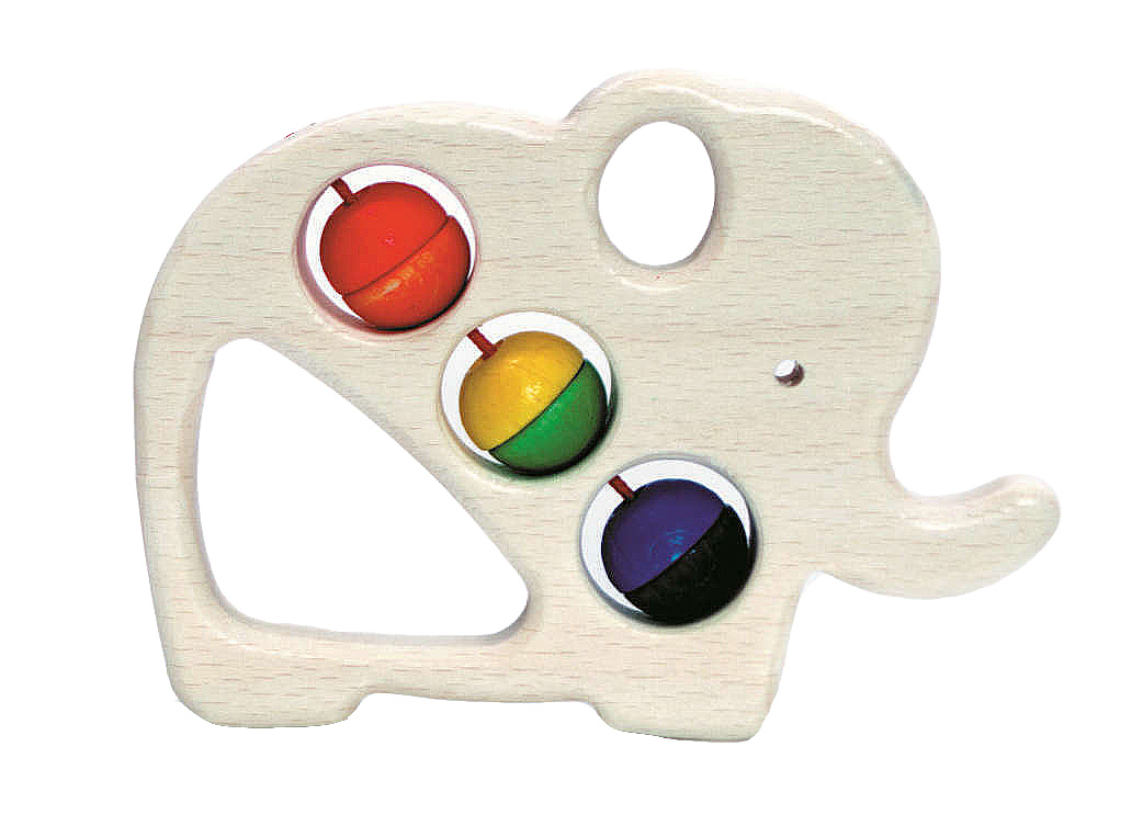Holzspielzeug in Form eines Elefanten mit farbigen, drehbaren Kugeln in Rot, Gelb, Grün und Blau. im Dregeno Online Shop günstig kaufen