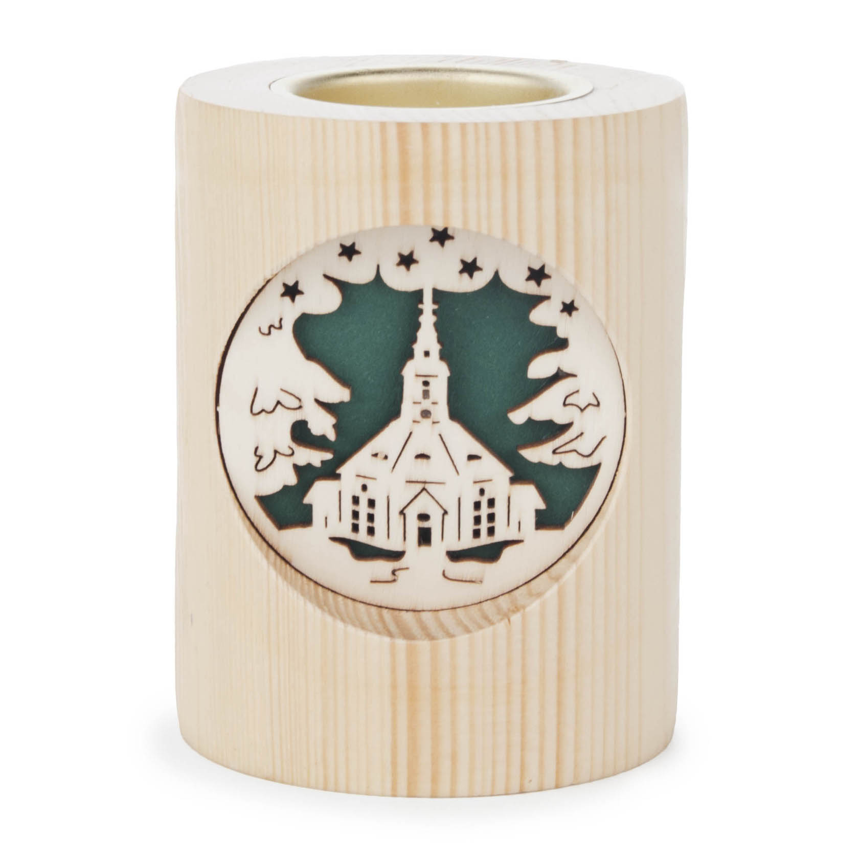 Teelichthalter aus Holz mit einem ausgeschnittenen Motiv der Seiffener Kirche, umgeben von zwei Tannenbäumen und Sternen auf grünem Hintergrund. im Dregeno Online Shop günstig kaufen