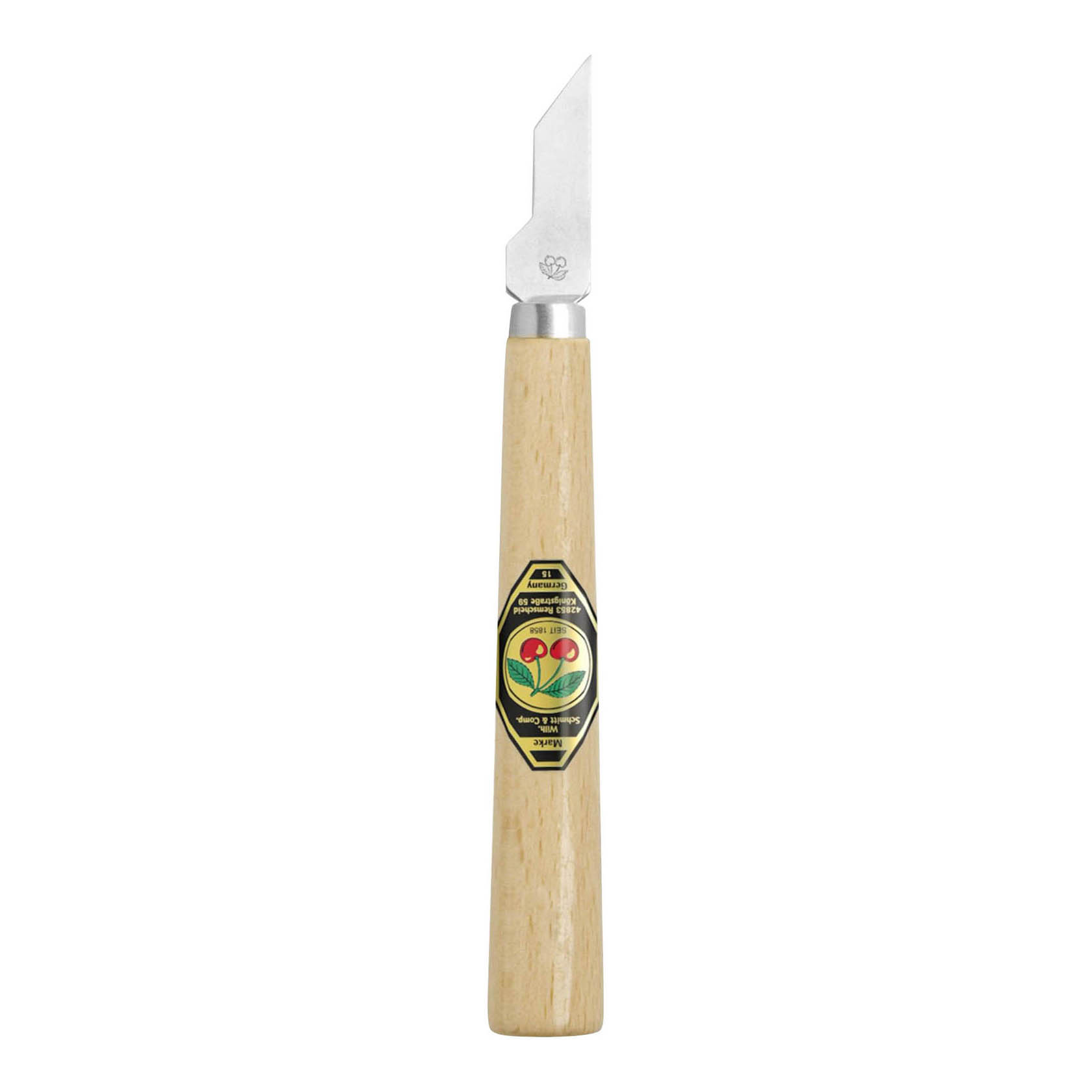 Kirschen-Kerbschnitzmesser Nr. 3356 mit schmaler Klinge und schräger Schneide, Holzgriff, gelabelt mit dem Kirschen Logo. im Dregeno Online Shop günstig kaufen