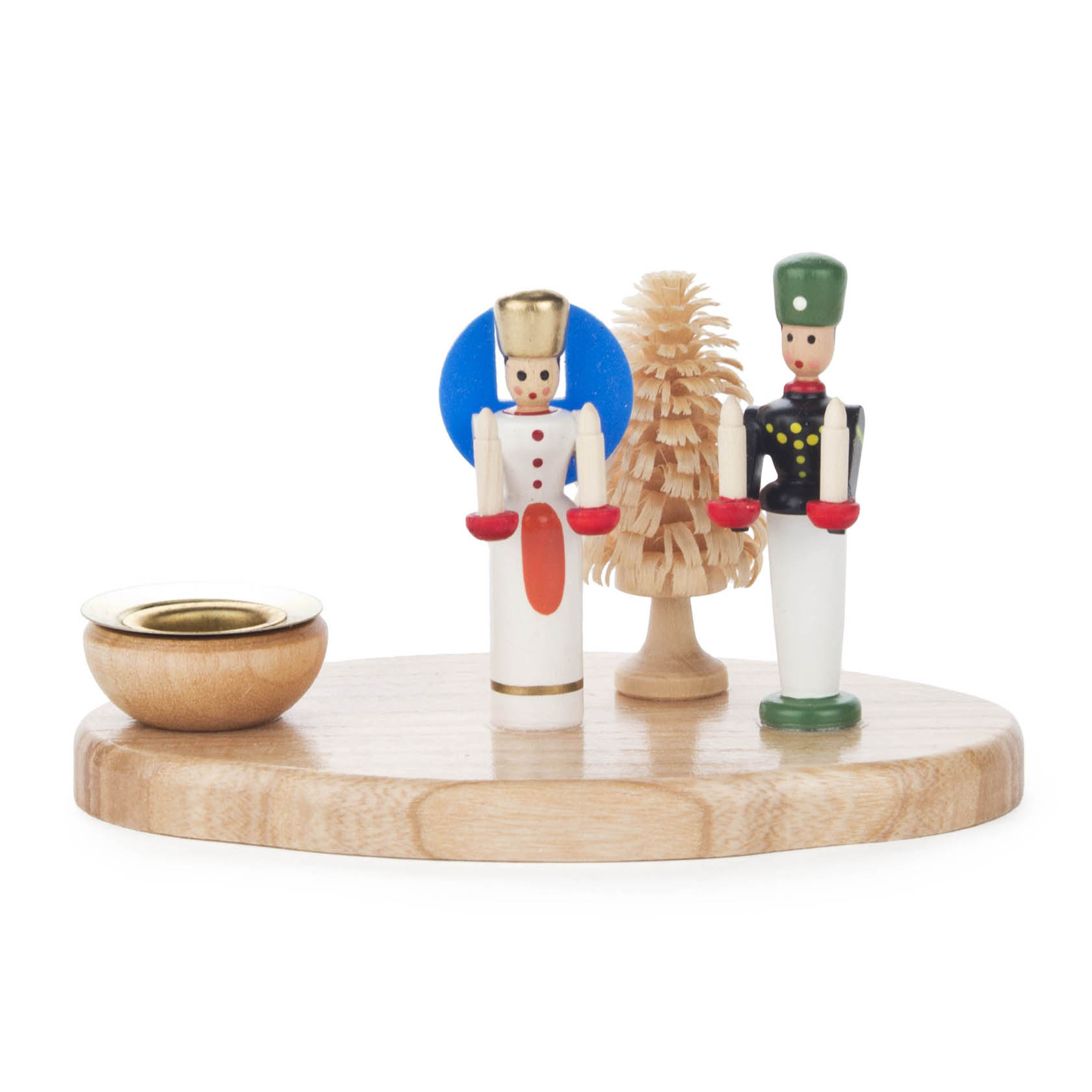 Wooden candle holder with a figurine of an angel holding a blue circle and a miner figurine, with a small tree in between. im Dregeno Online Shop günstig kaufen
