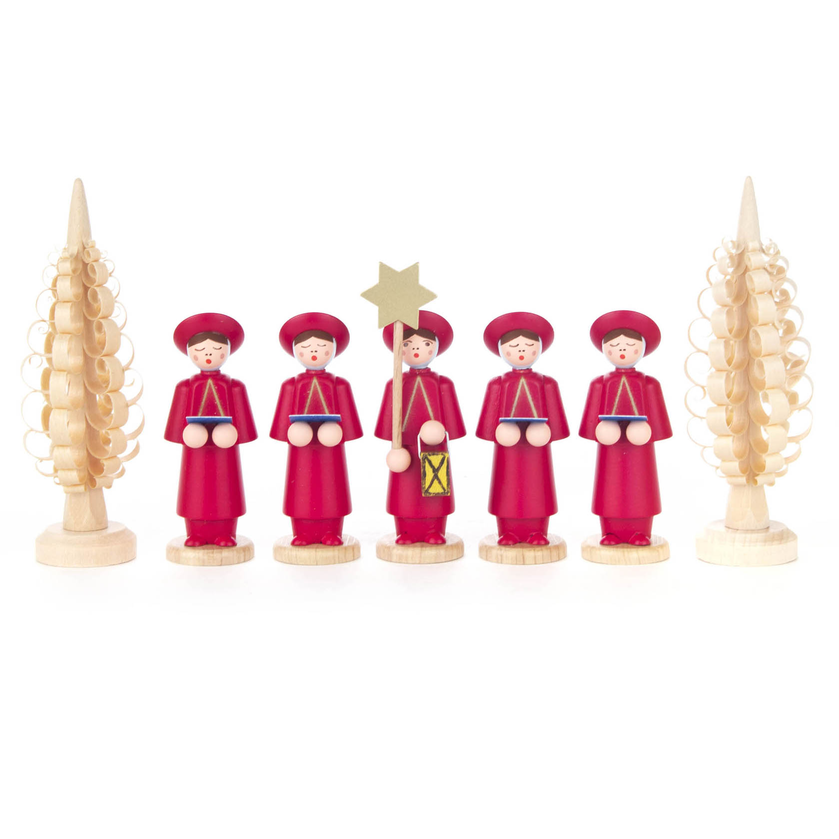 Sechs Kurrendefiguren in roten Gewändern, eine Figur trägt Stern und Laterne, flankiert von zwei Spanbäumchen im Dregeno Online Shop günstig kaufen
