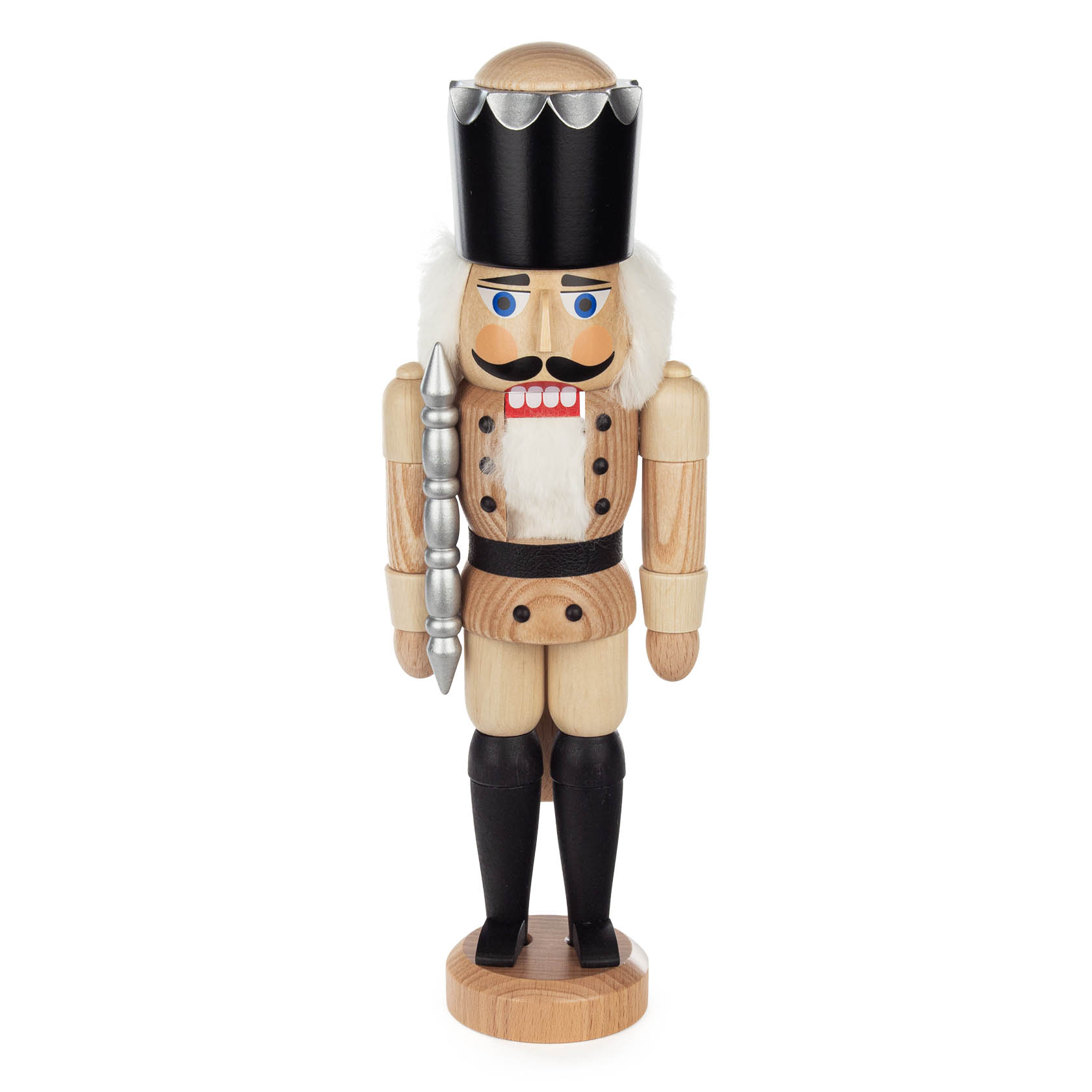 A 28cm natural wood nutcracker in the shape of a king, featuring a black hat, silver staff, and traditional red cheeks with a mustache. im Dregeno Online Shop günstig kaufen