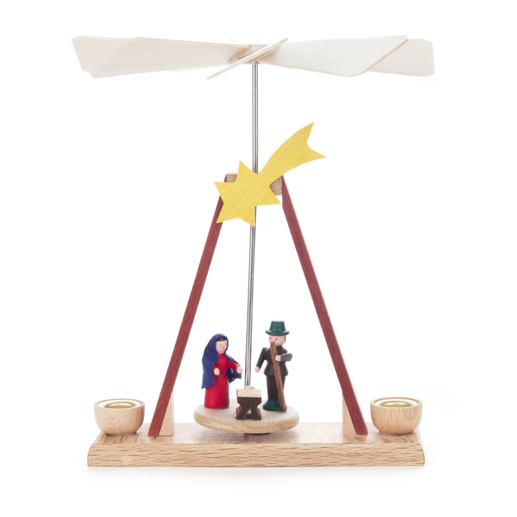 Miniatur-Weihnachtspyramide mit zwei Figuren, die die Geburt von Jesus darstellen, und Platz für zwei Kerzen mit 10mm Durchmesser. im Dregeno Online Shop günstig kaufen