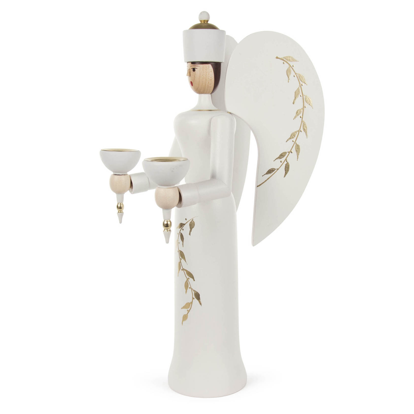White and gold wooden angel figure holding two candle holders, decorated with floral patterns. The angel has a serene expression and a golden crown.