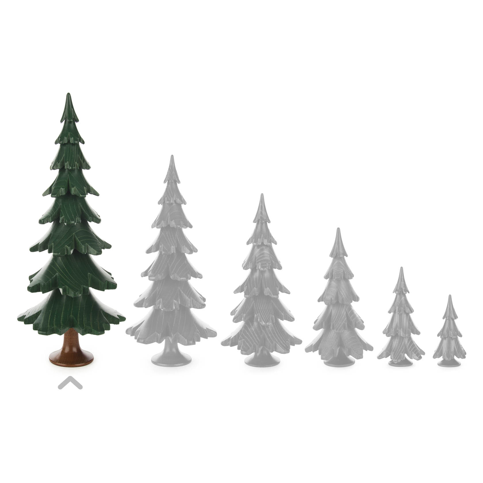 A tall, green, lacquered solid wood tree figurine with a wooden stem, standing on a small base.