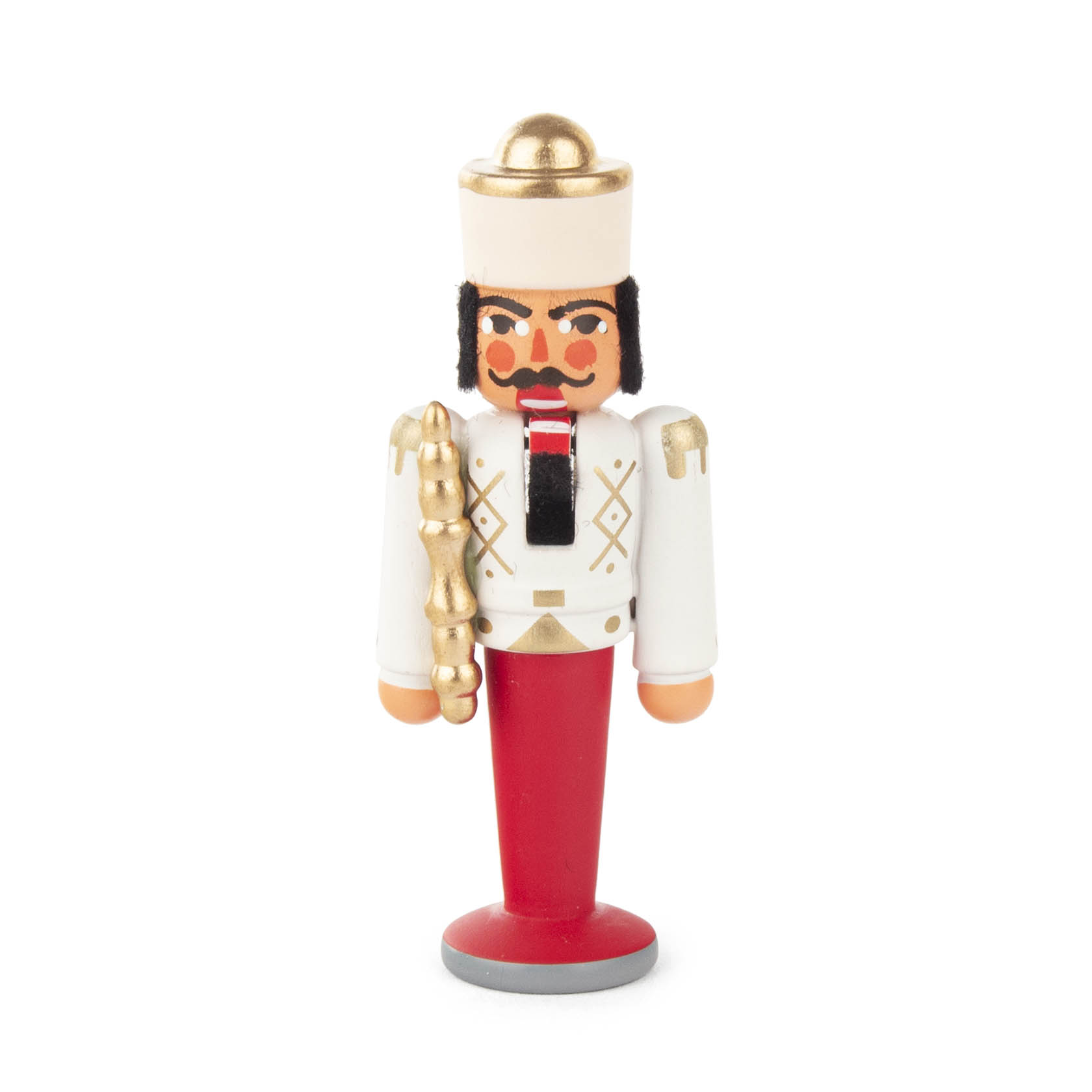 Miniatur-Nussknacker-König in weißem Kleidungsstück mit roter Hose, schwarzen Schuhen und goldenen Details, hält einen goldenen Stab. im Dregeno Online Shop günstig kaufen