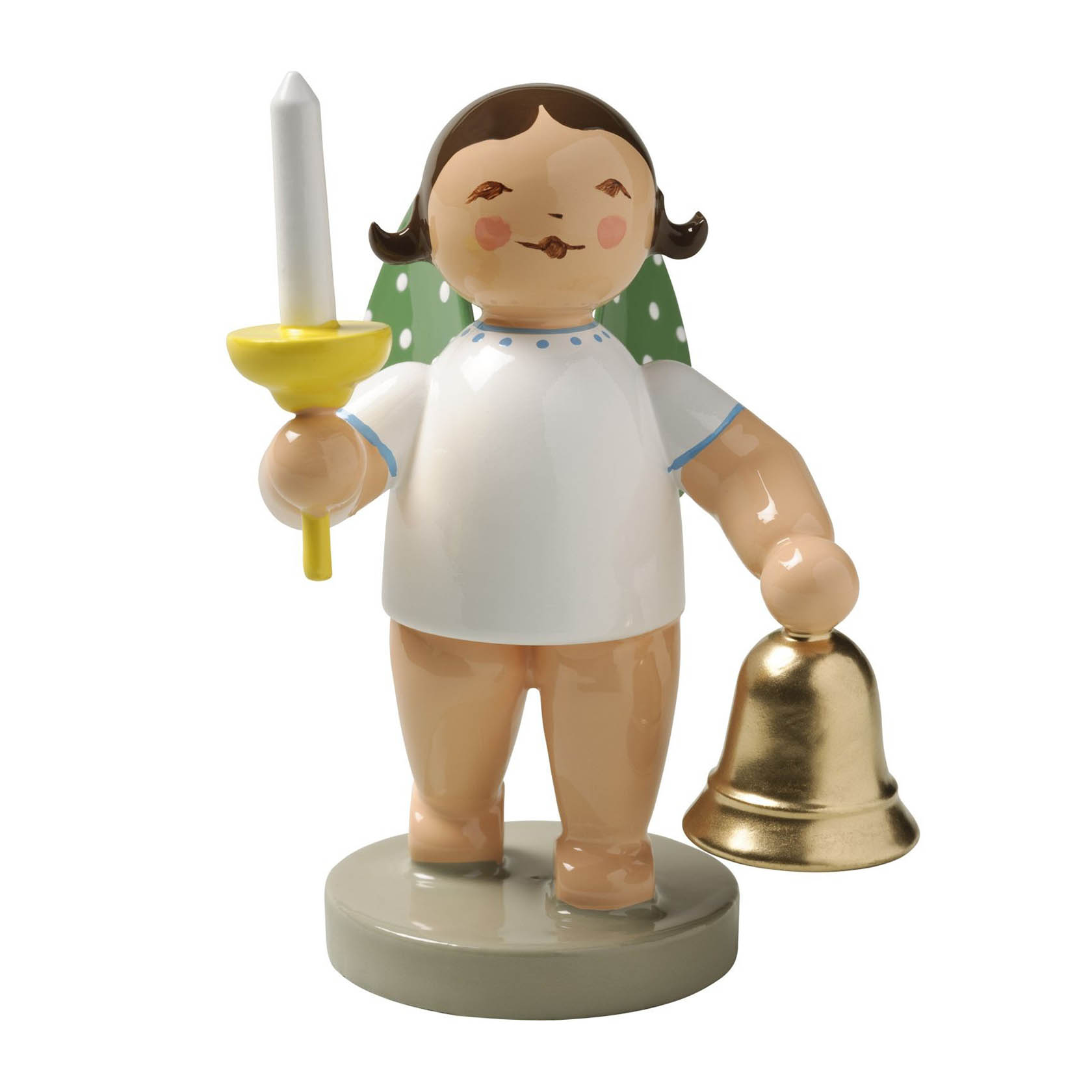 Figur eines Engels mit grünen Flügeln und weißen Punkten, hält eine Kerze in der rechten Hand und eine goldene Glocke in der linken Hand. im Dregeno Online Shop günstig kaufen
