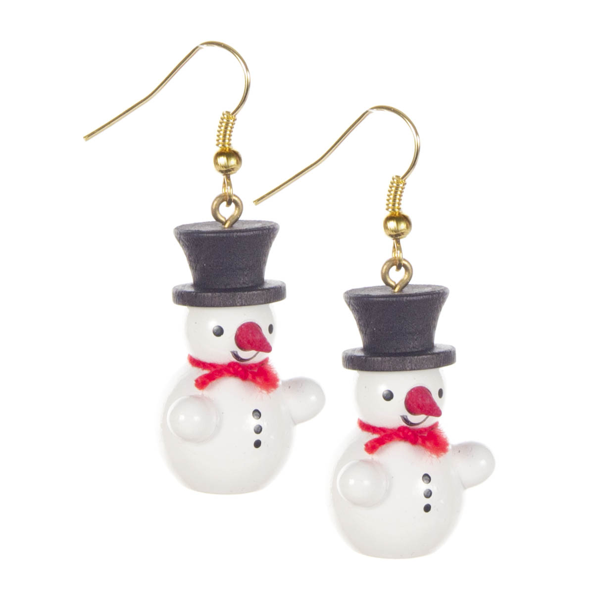 Pair of snowman earrings with black top hats, featuring red noses and scarves, and black buttons on their bodies, displayed against a white background. im Dregeno Online Shop günstig kaufen