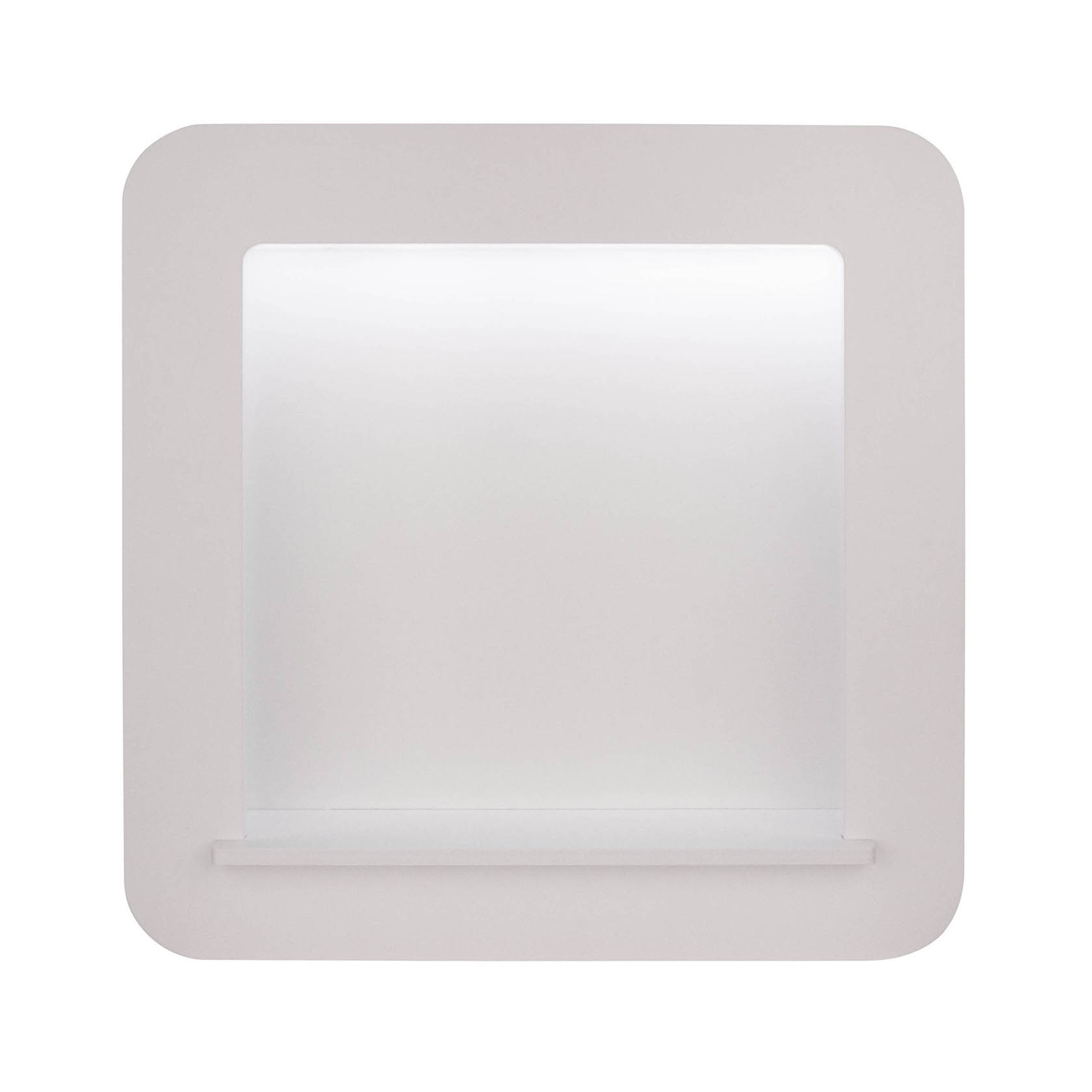 Ein quadratischer, weißer Objektrahmen mit LED-Beleuchtung. Er hat einen schmalen Vorsprung und dient der Präsentation von Inhalten im Inneren. im Dregeno Online Shop günstig kaufen