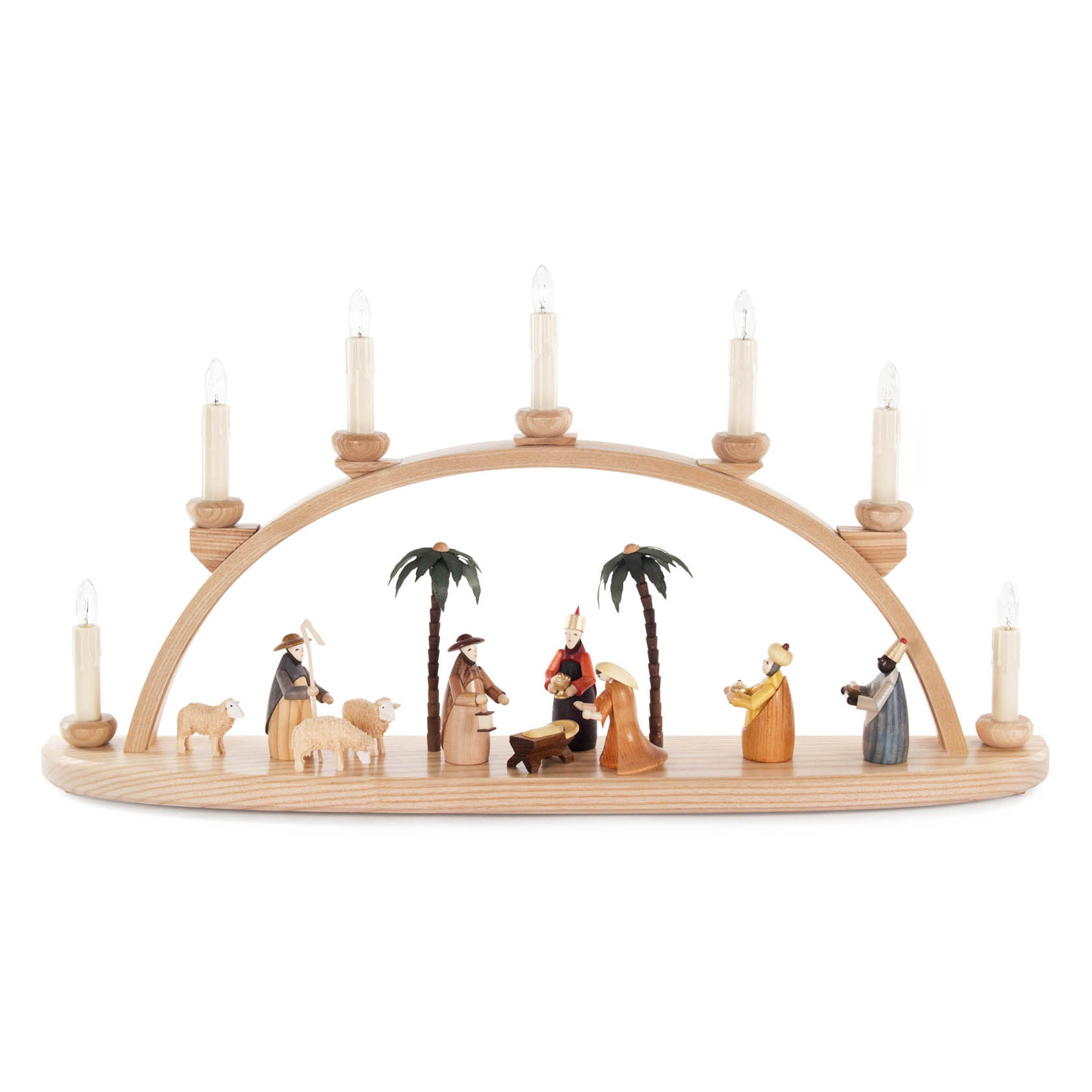 Ein farbiger Schwibbogen mit der Darstellung der Geburt Christi, elektrisch beleuchtet mit Figuren von Maria, Josef, Jesuskind, Hirten und Tieren. im Dregeno Online Shop günstig kaufen