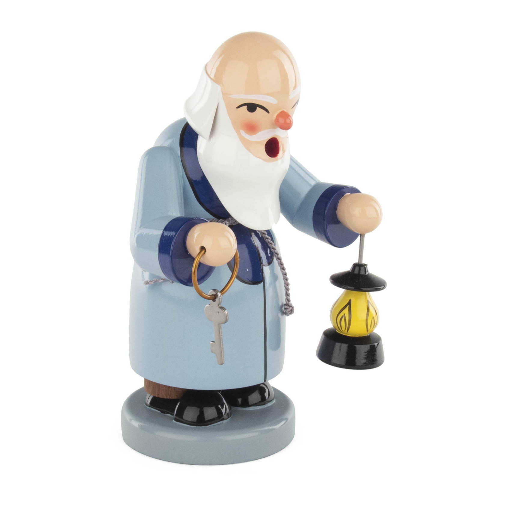 A wooden incense smoker figure of Saint Peter holding keys in one hand and a lantern in the other, dressed in light blue with a white beard.