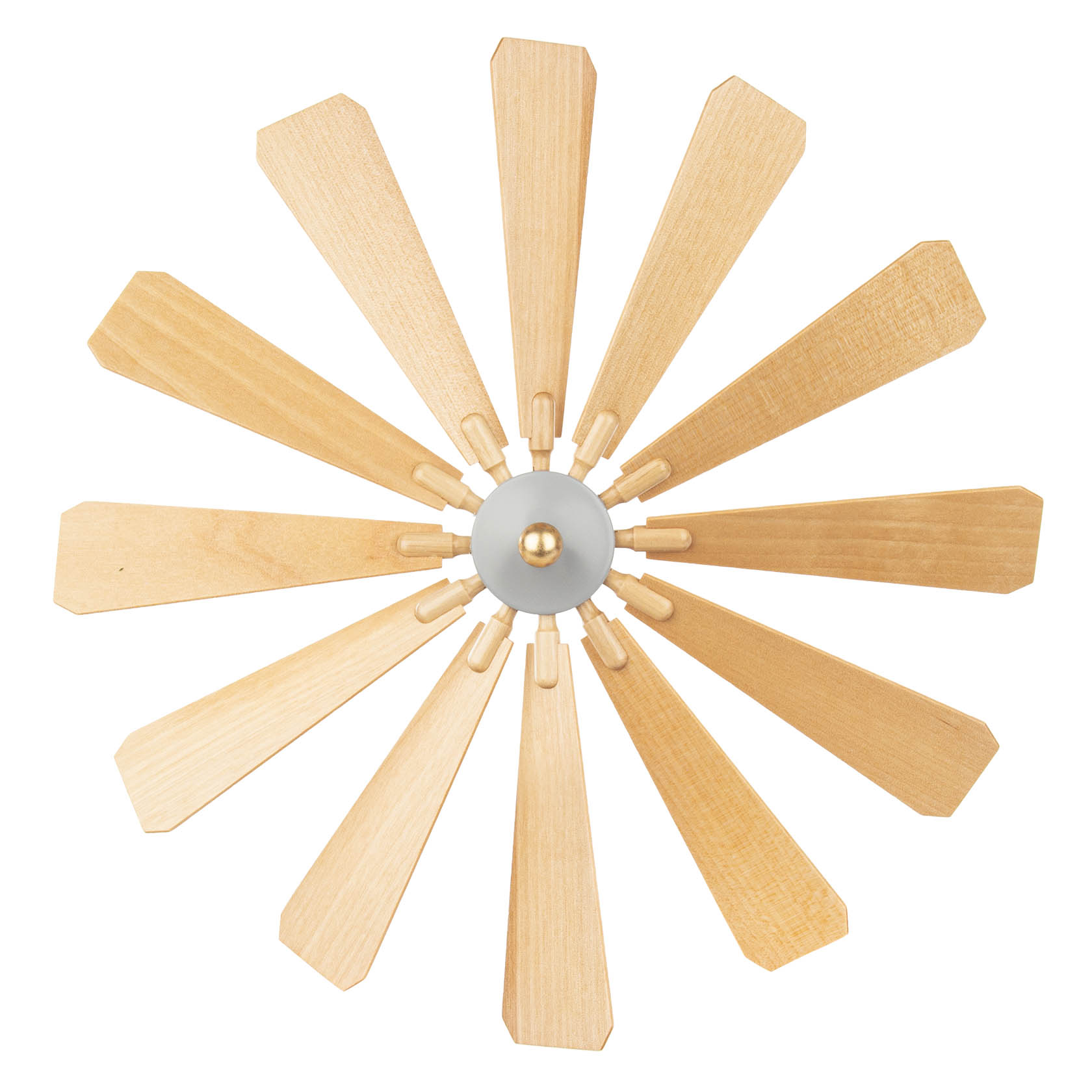 Holzflügelrad mit zwölf leicht gebogenen, länglichen Holzelementen, die radial von einem mittigen grauen Kreis mit einer 3-mm-Bohrung ausgehen. im Dregeno Online Shop günstig kaufen