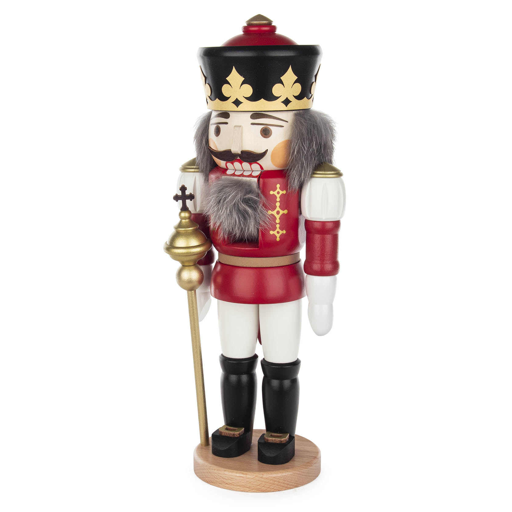 Holz-Nussknacker als König gestaltet, mit rotem Outfit, goldener Krone, grauem Bart und Zepter in der Hand.