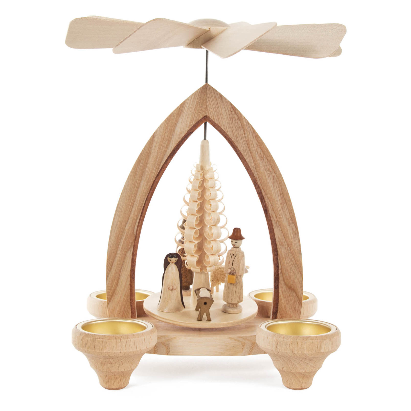 Holzpyramide mit Christi-Geburt-Szene, inklusive Maria, Josef und Jesuskind unter einem gewölbten Bogen, oben ein Rotorblatt. im Dregeno Online Shop günstig kaufen