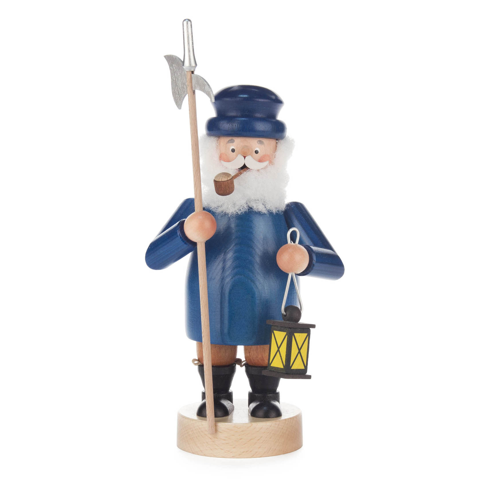 Ein Räuchermann in Form eines Nachtwächters mit blauer Uniform und Hut, Pfeife, Laterne in der linken Hand und Hellebarde in der rechten Hand. im Dregeno Online Shop günstig kaufen