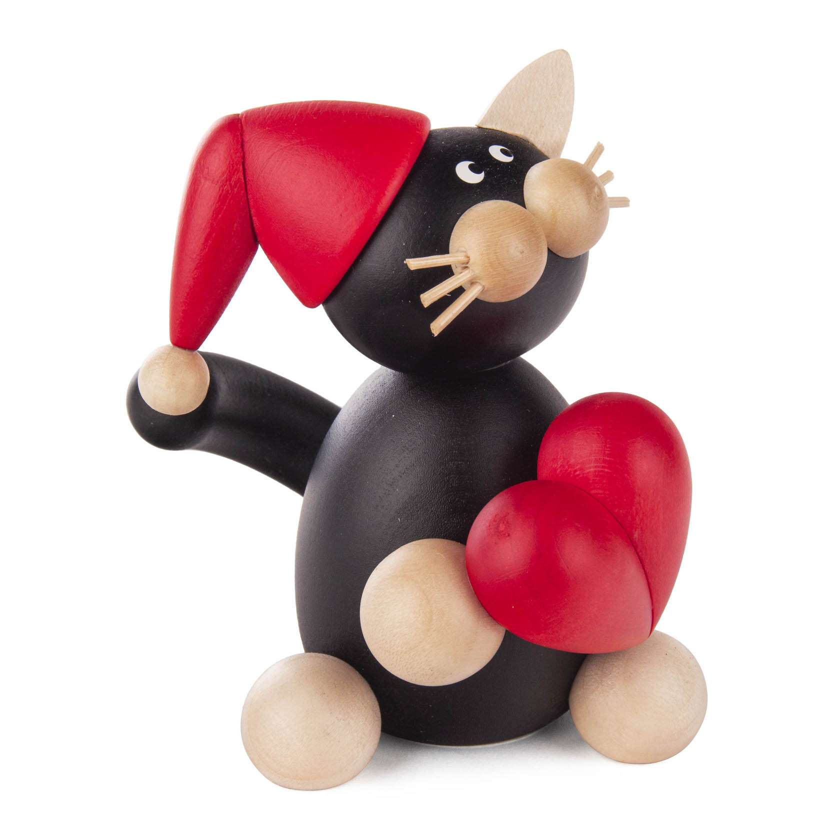 Holzfigur einer schwarzen Katze mit roten Nasen und Pfoten, rotem Herz und roter Weihnachtsmütze.